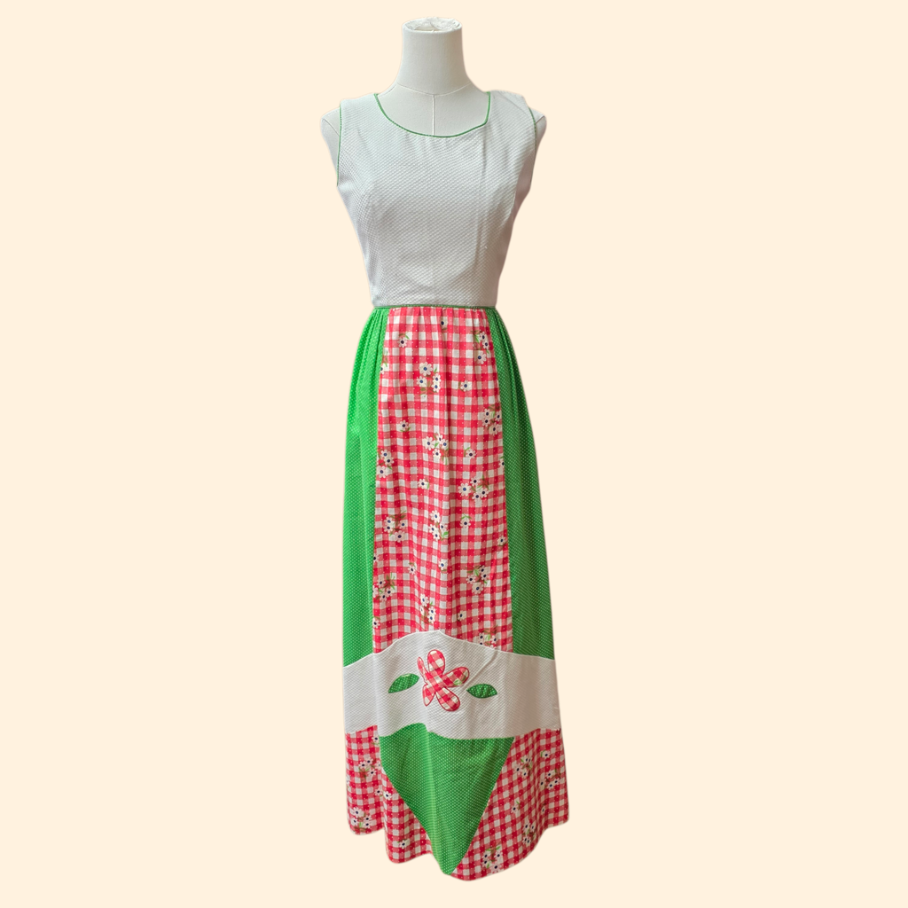1960s Patchwork Sleeveless Maxi Dress ~ Extra Small ~ Red Green Gingham Swiss Dot Polka Dot Applique Daisy