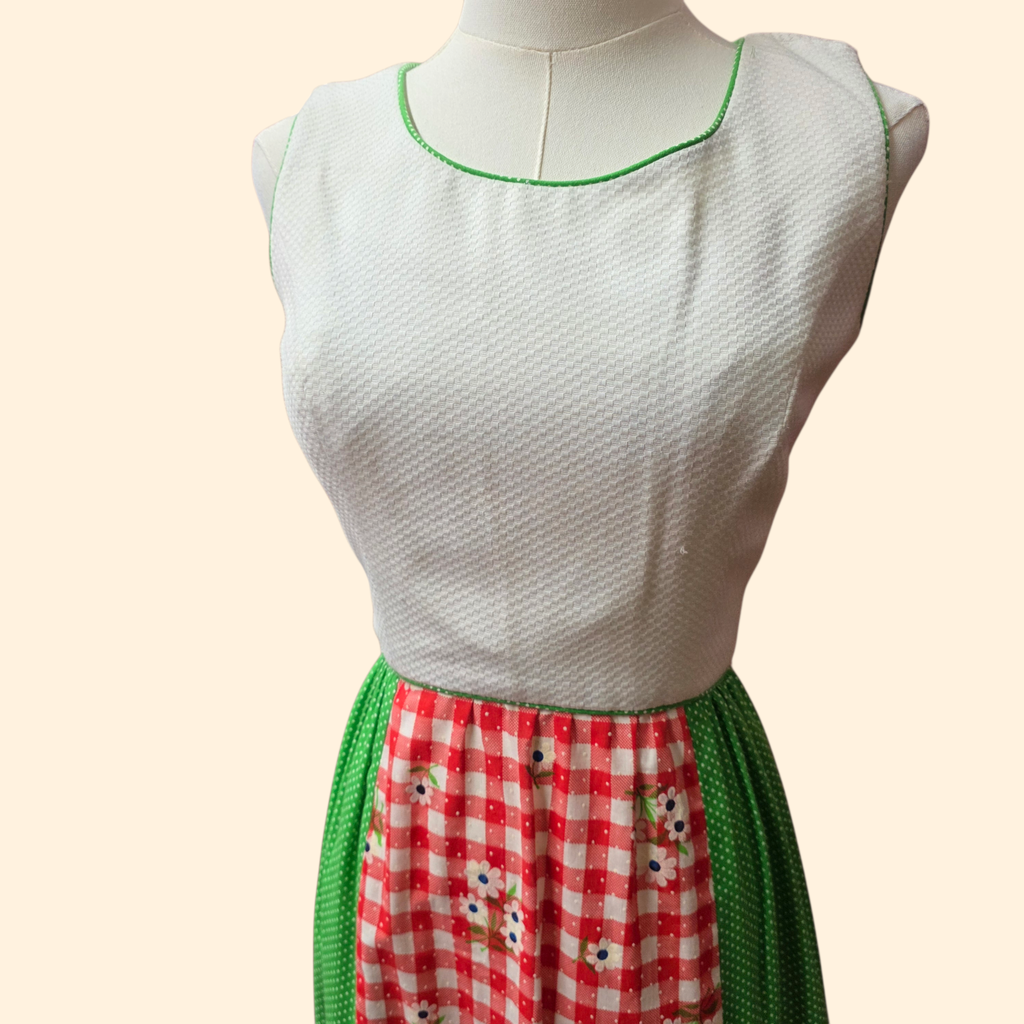 1960s Patchwork Sleeveless Maxi Dress ~ Extra Small ~ Red Green Gingham Swiss Dot Polka Dot Applique Daisy