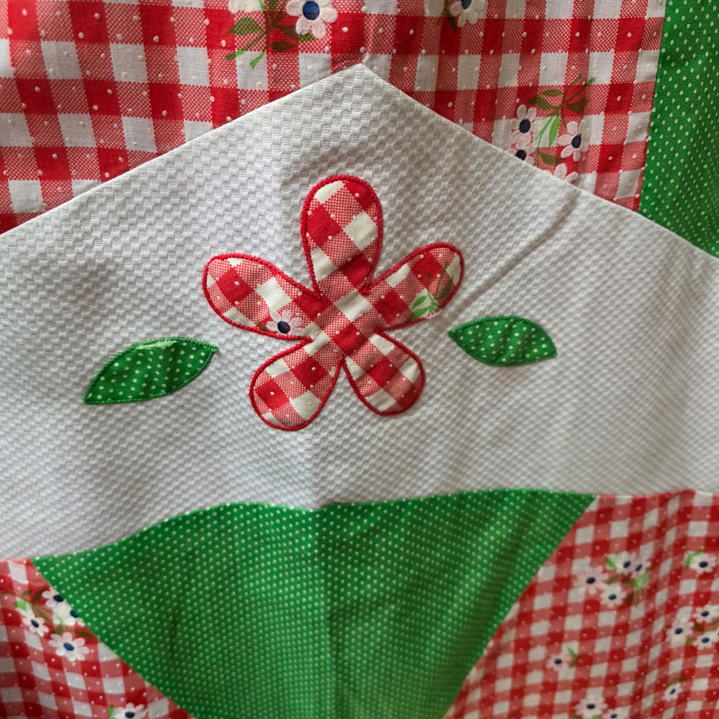 1960s Patchwork Sleeveless Maxi Dress ~ Extra Small ~ Red Green Gingham Swiss Dot Polka Dot Applique Daisy