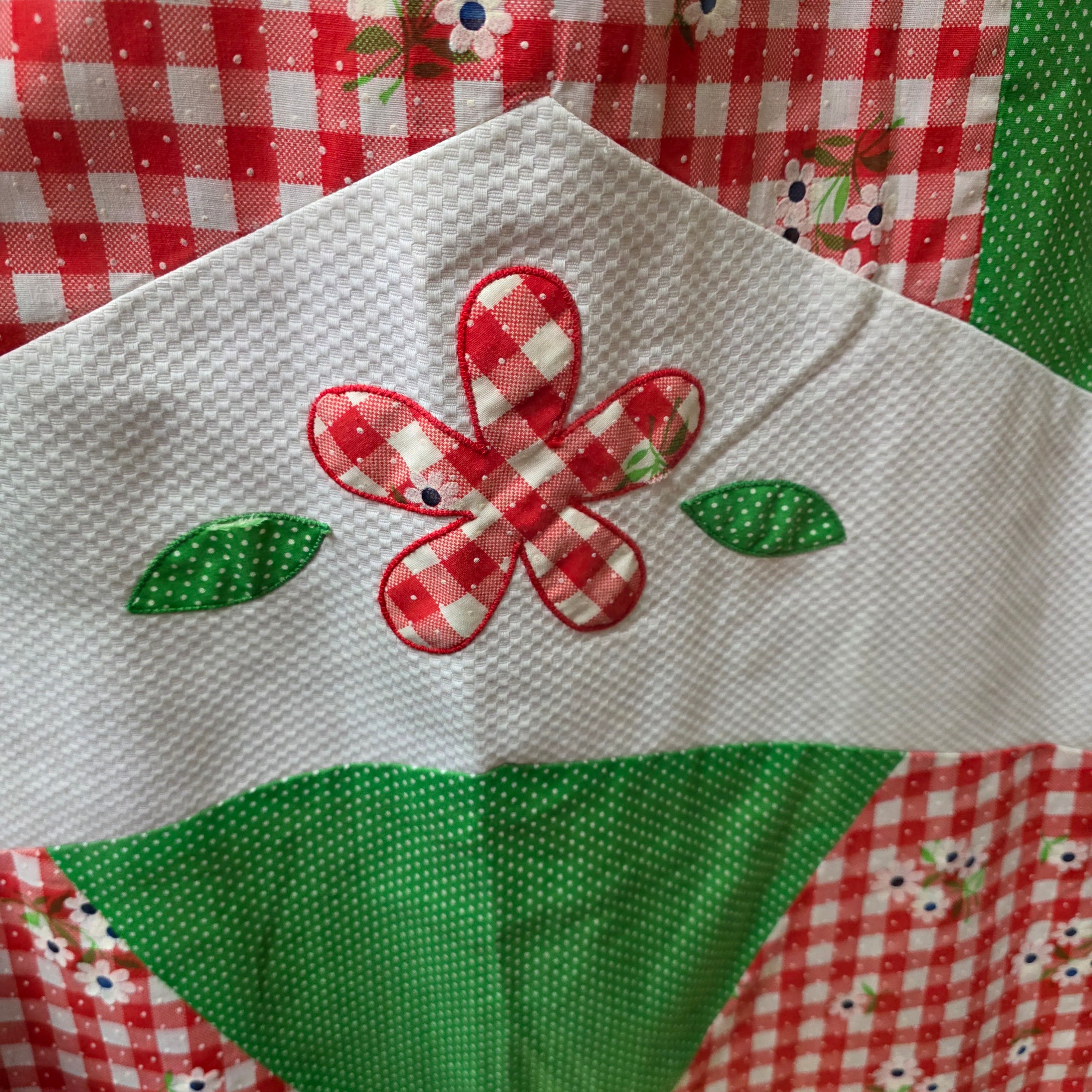 1960s Patchwork Sleeveless Maxi Dress ~ Extra Small ~ Red Green Gingham Swiss Dot Polka Dot Applique Daisy
