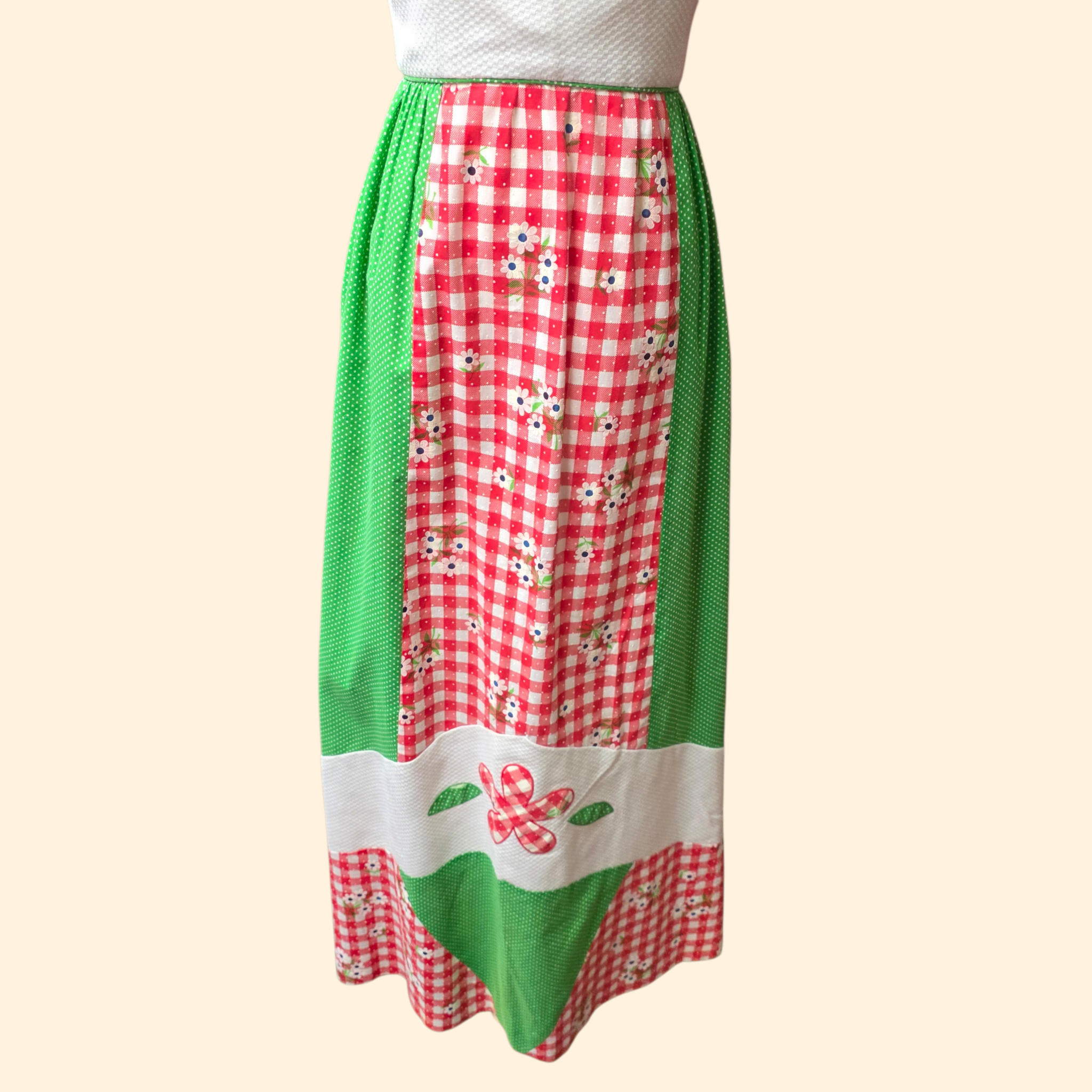 1960s Patchwork Sleeveless Maxi Dress ~ Extra Small ~ Red Green Gingham Swiss Dot Polka Dot Applique Daisy