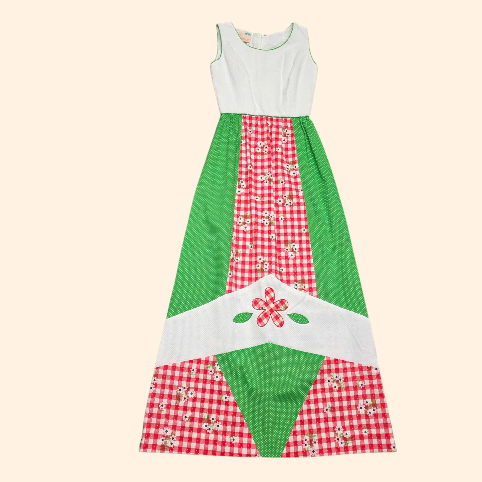 1960s Patchwork Sleeveless Maxi Dress ~ Extra Small ~ Red Green Gingham Swiss Dot Polka Dot Applique Daisy