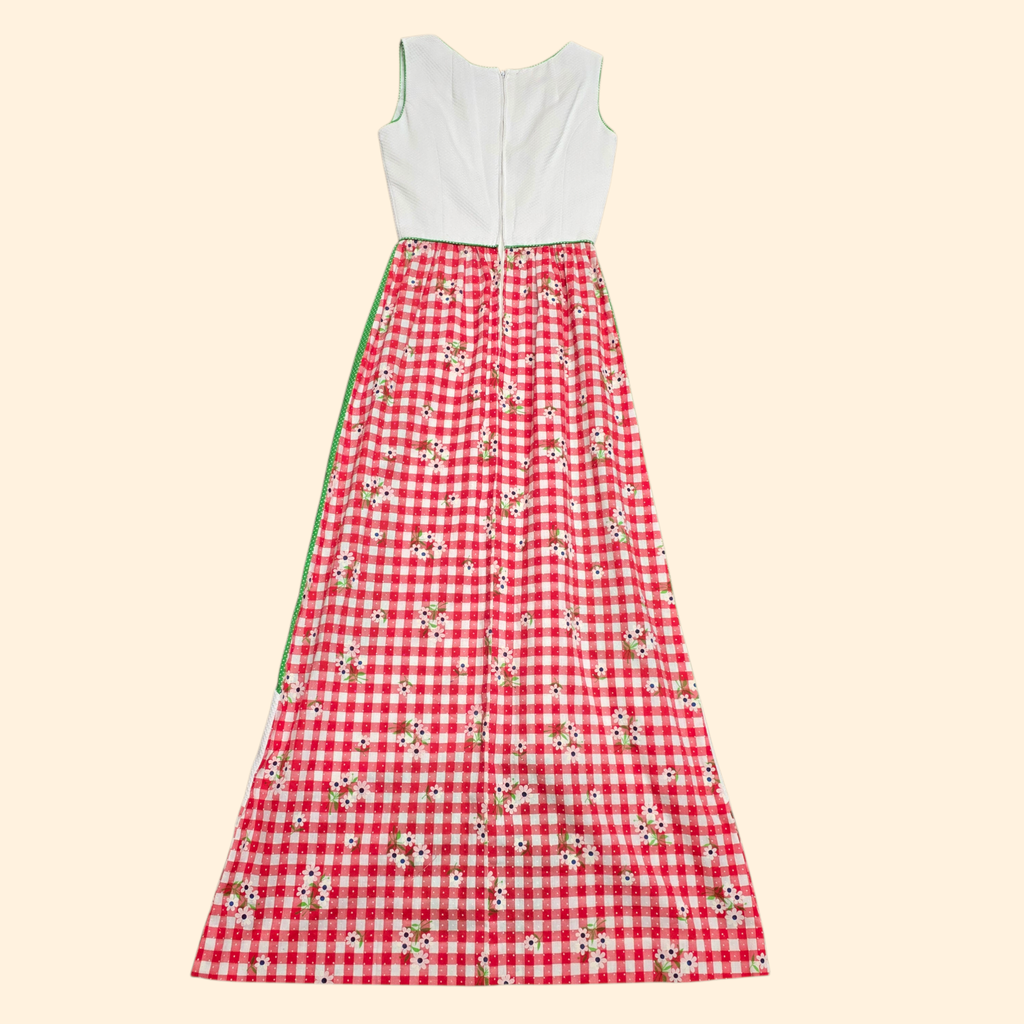 1960s Patchwork Sleeveless Maxi Dress ~ Extra Small ~ Red Green Gingham Swiss Dot Polka Dot Applique Daisy