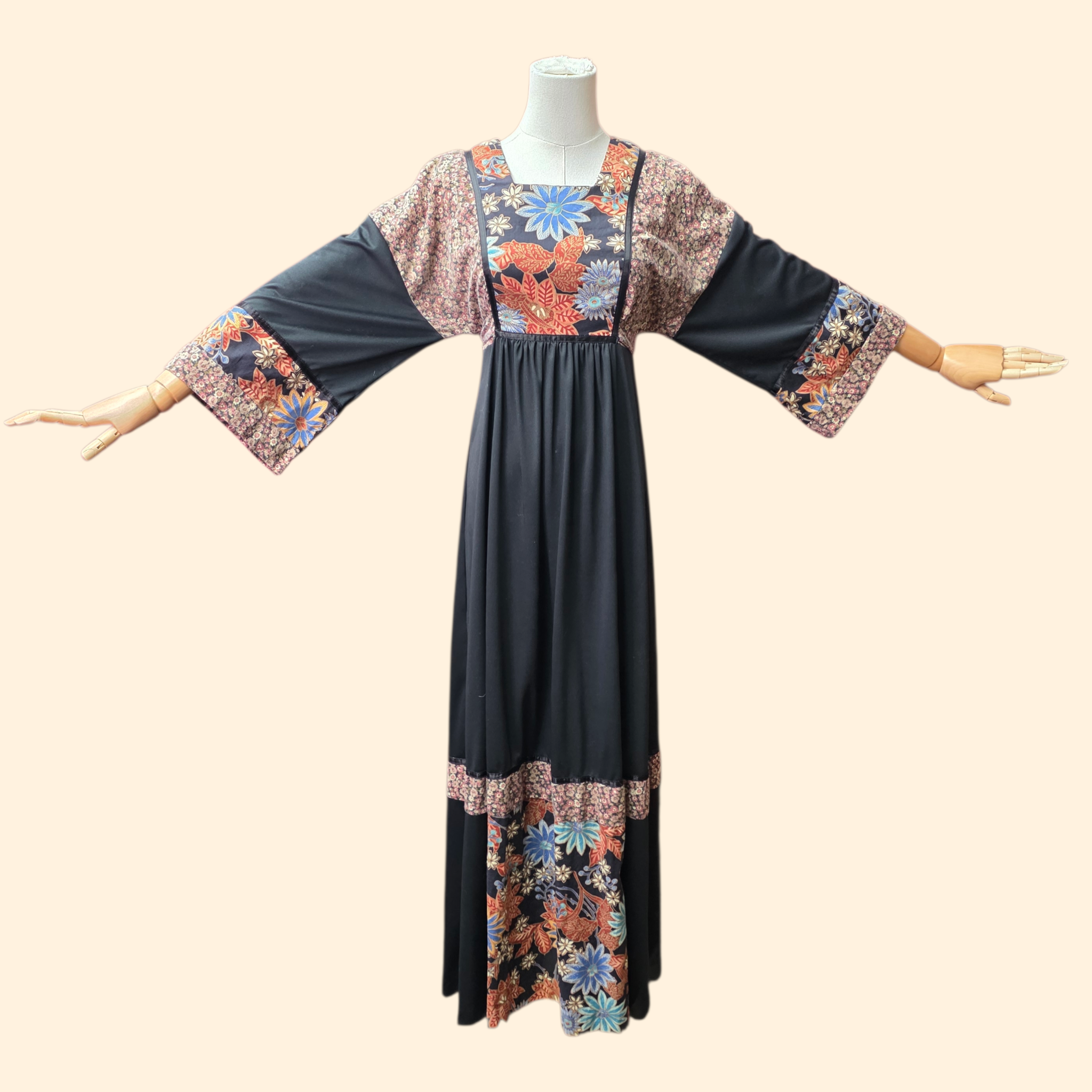 1970s Young Edwardian Boho Prarie Maxie Dress ~ Small ~ Black Floral