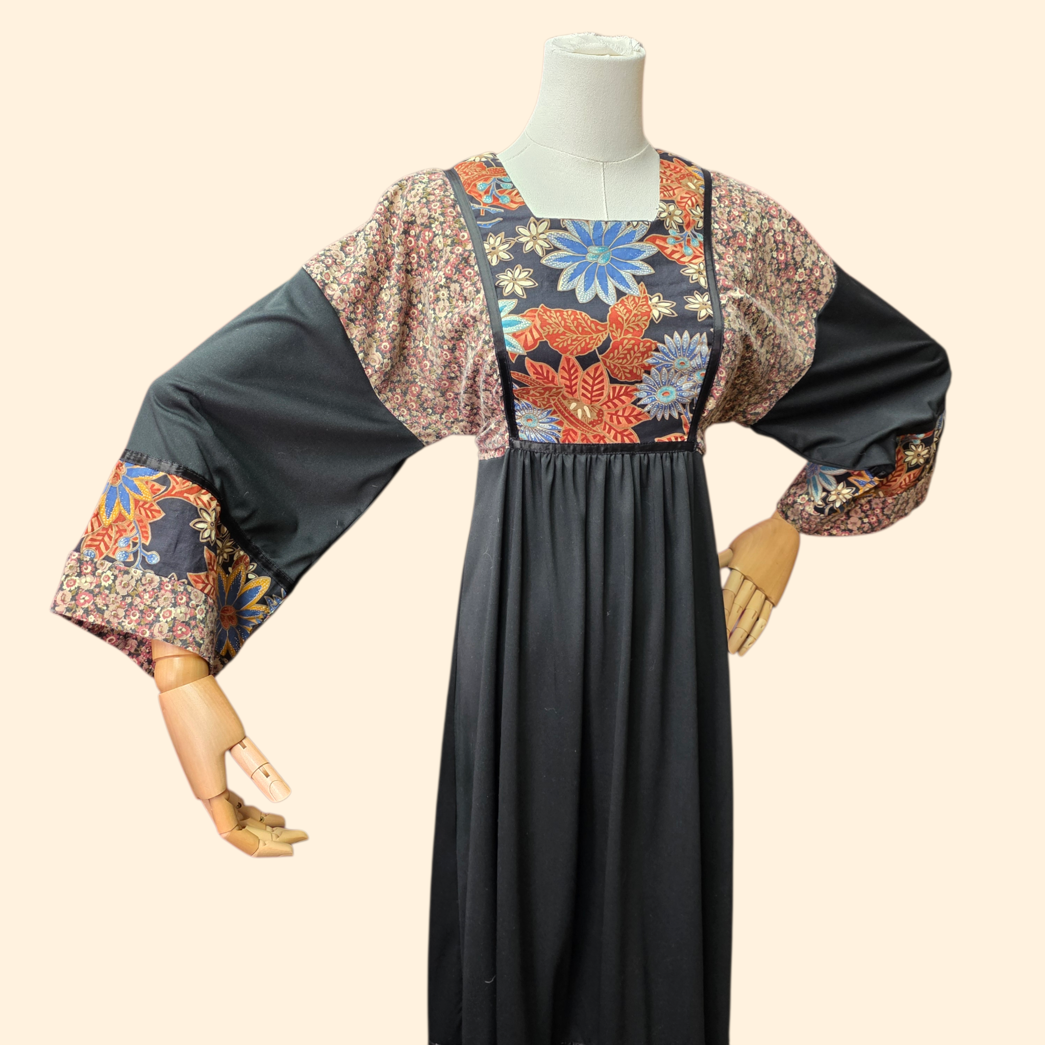 1970s Young Edwardian Boho Prarie Maxie Dress ~ Small ~ Black Floral