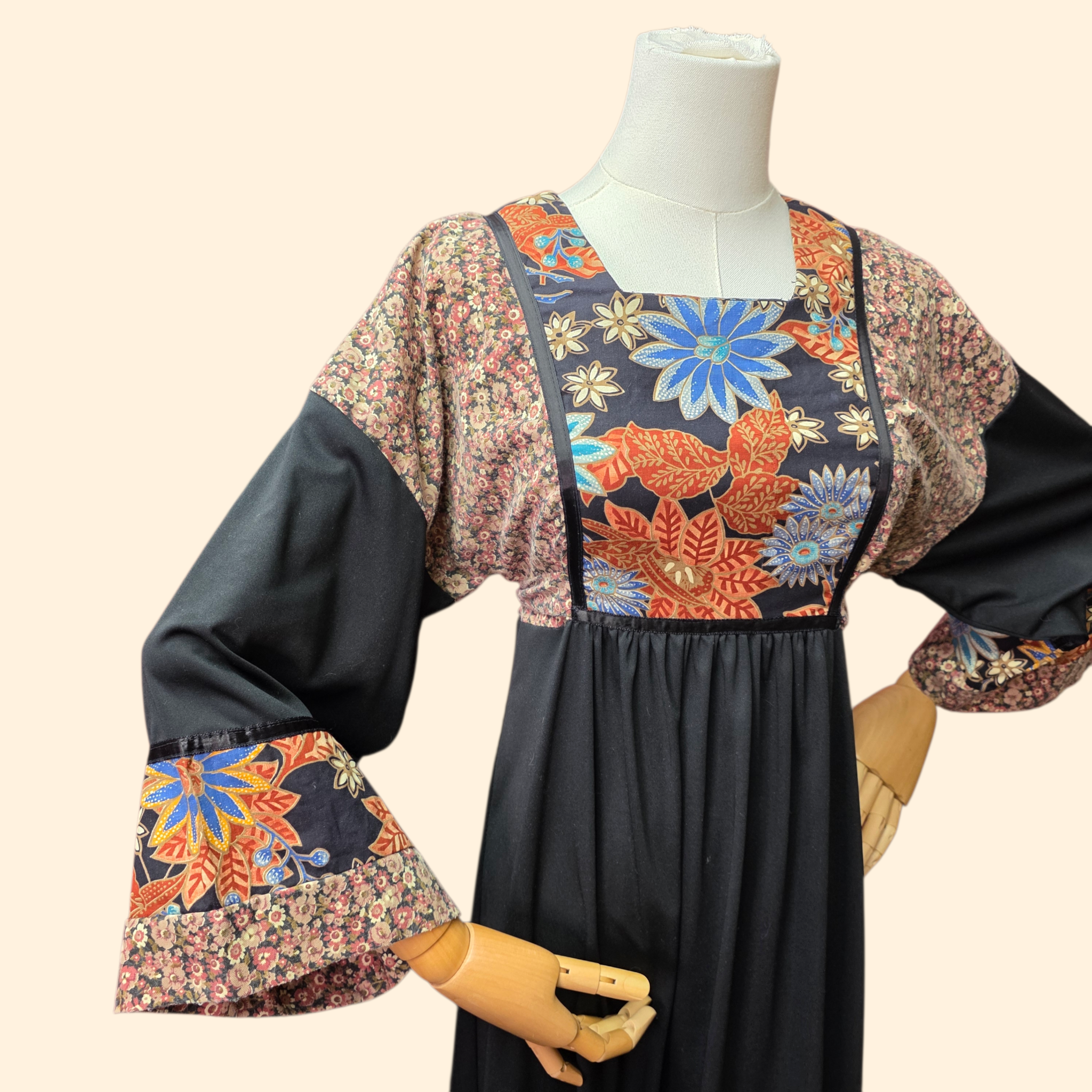 1970s Young Edwardian Boho Prarie Maxie Dress ~ Small ~ Black Floral