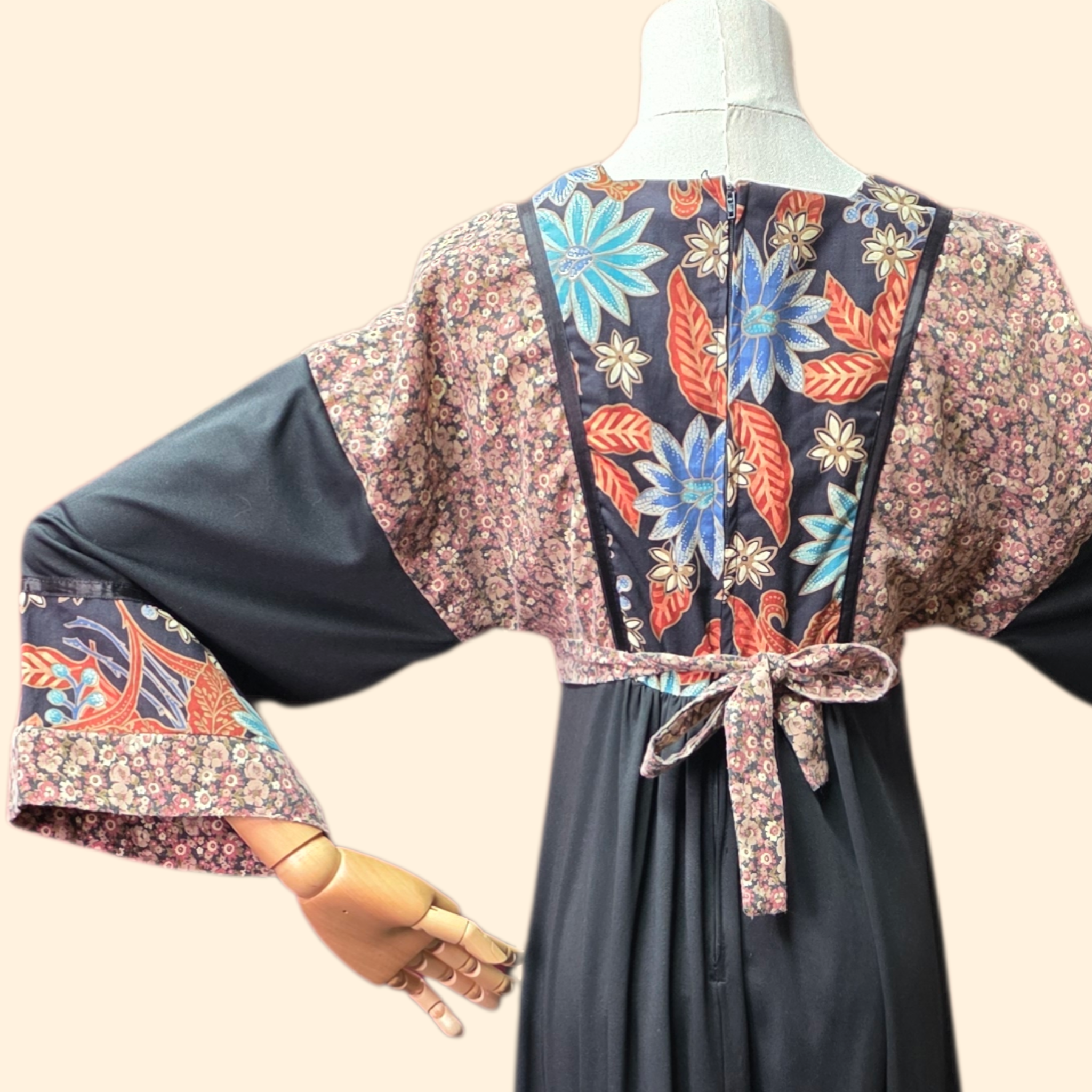 1970s Young Edwardian Boho Prarie Maxie Dress ~ Small ~ Black Floral