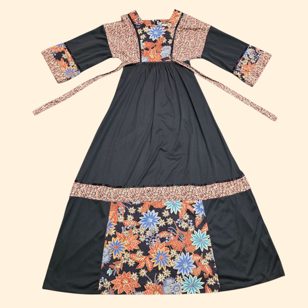 1970s Young Edwardian Boho Prarie Maxie Dress ~ Small ~ Black Floral