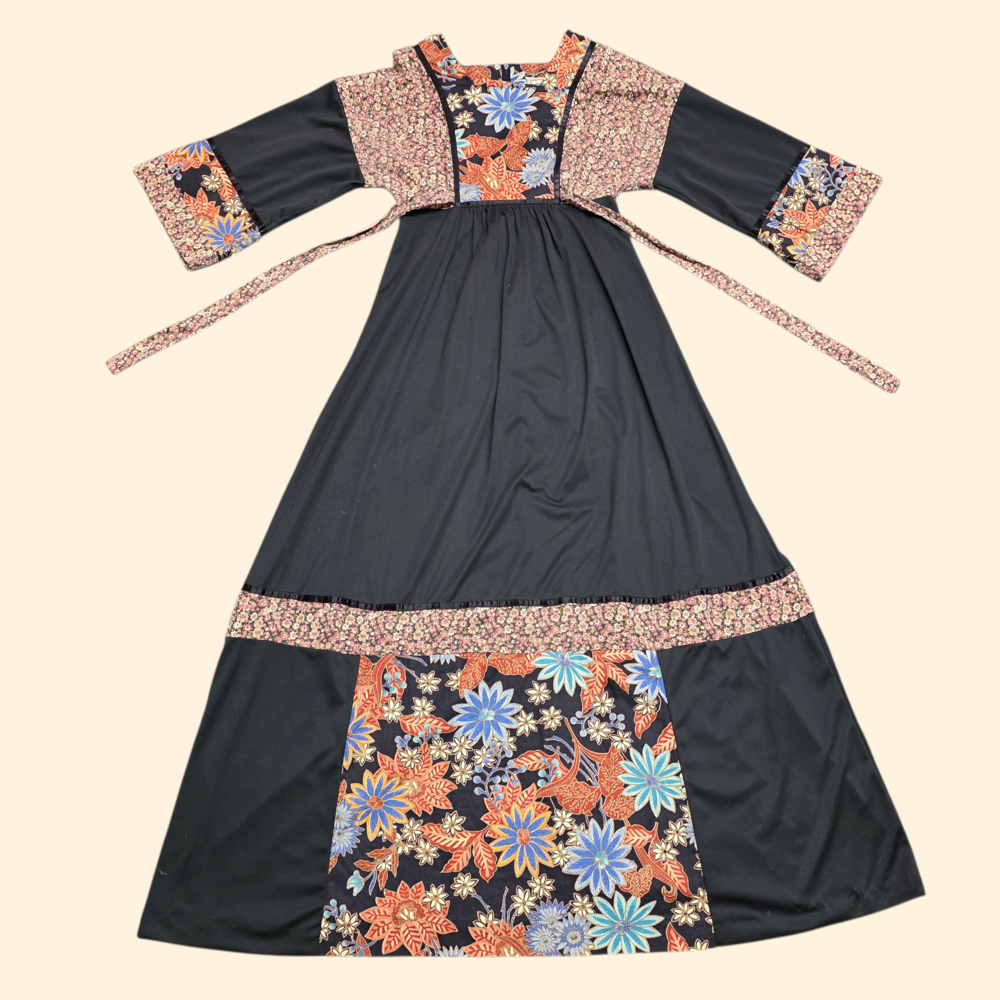 1970s Young Edwardian Boho Prarie Maxie Dress ~ Small ~ Black Floral