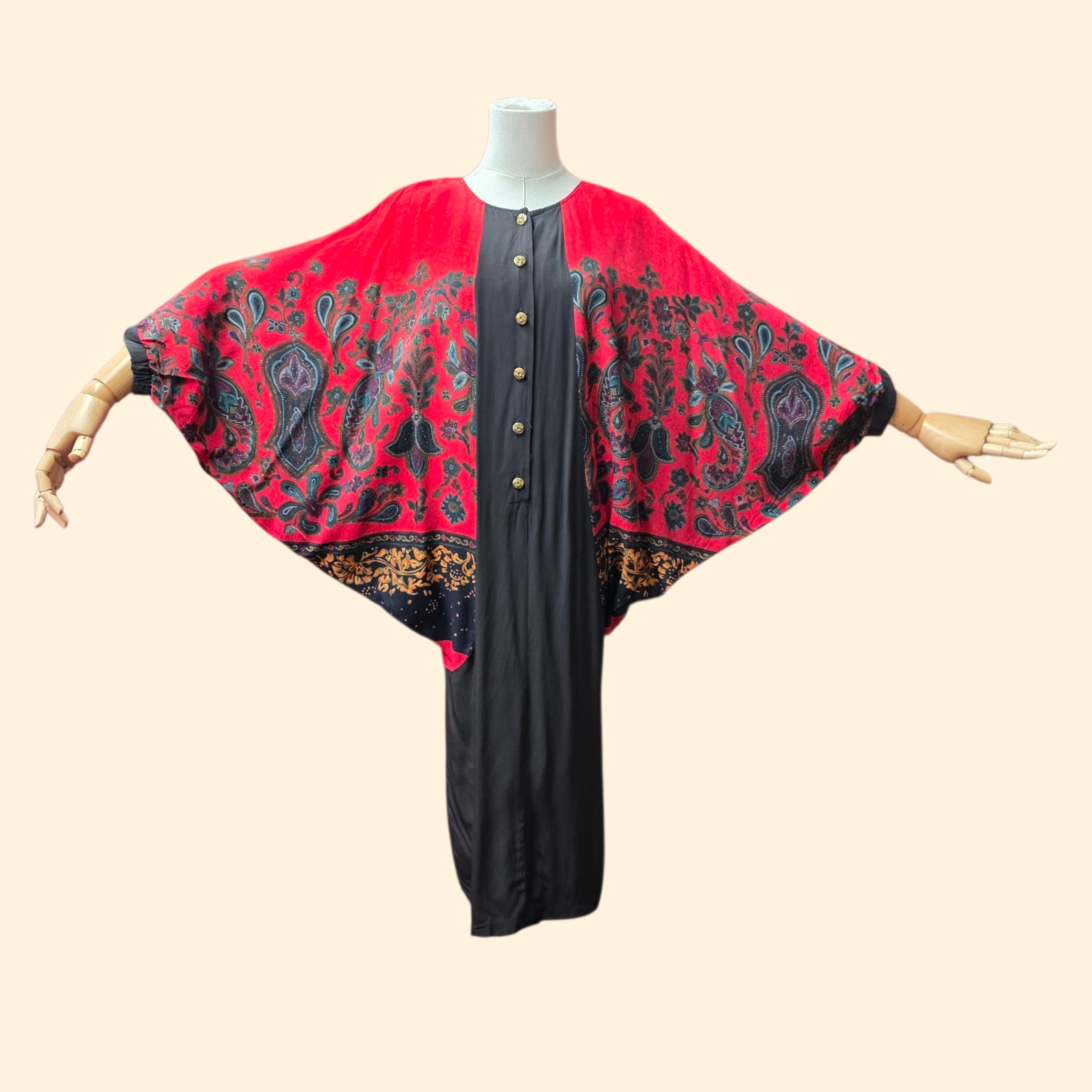 1990s Paisley Print Batwing Avant Garde Dress ~ Medium ~ Red Black