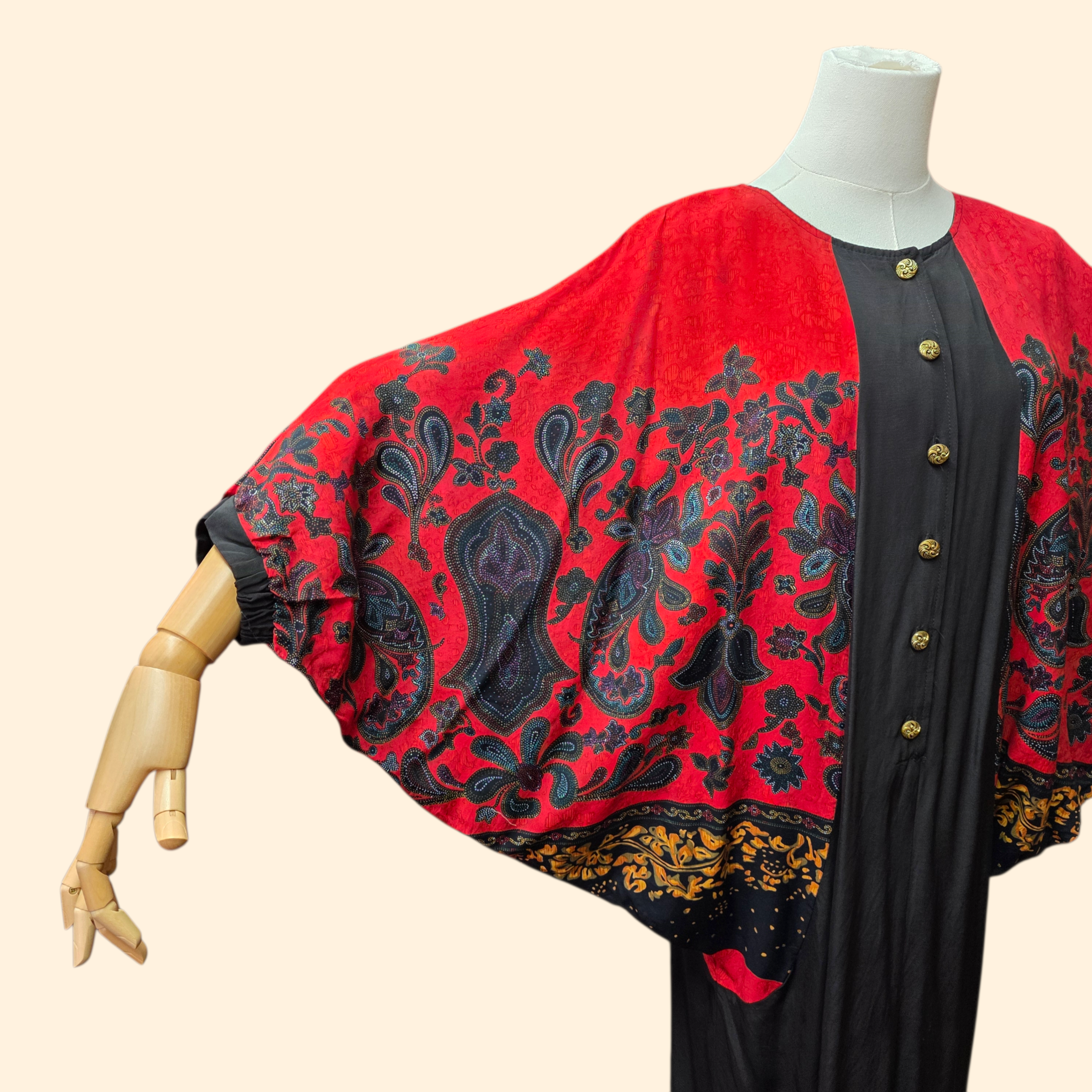 1990s Paisley Print Batwing Avant Garde Dress ~ Medium ~ Red Black