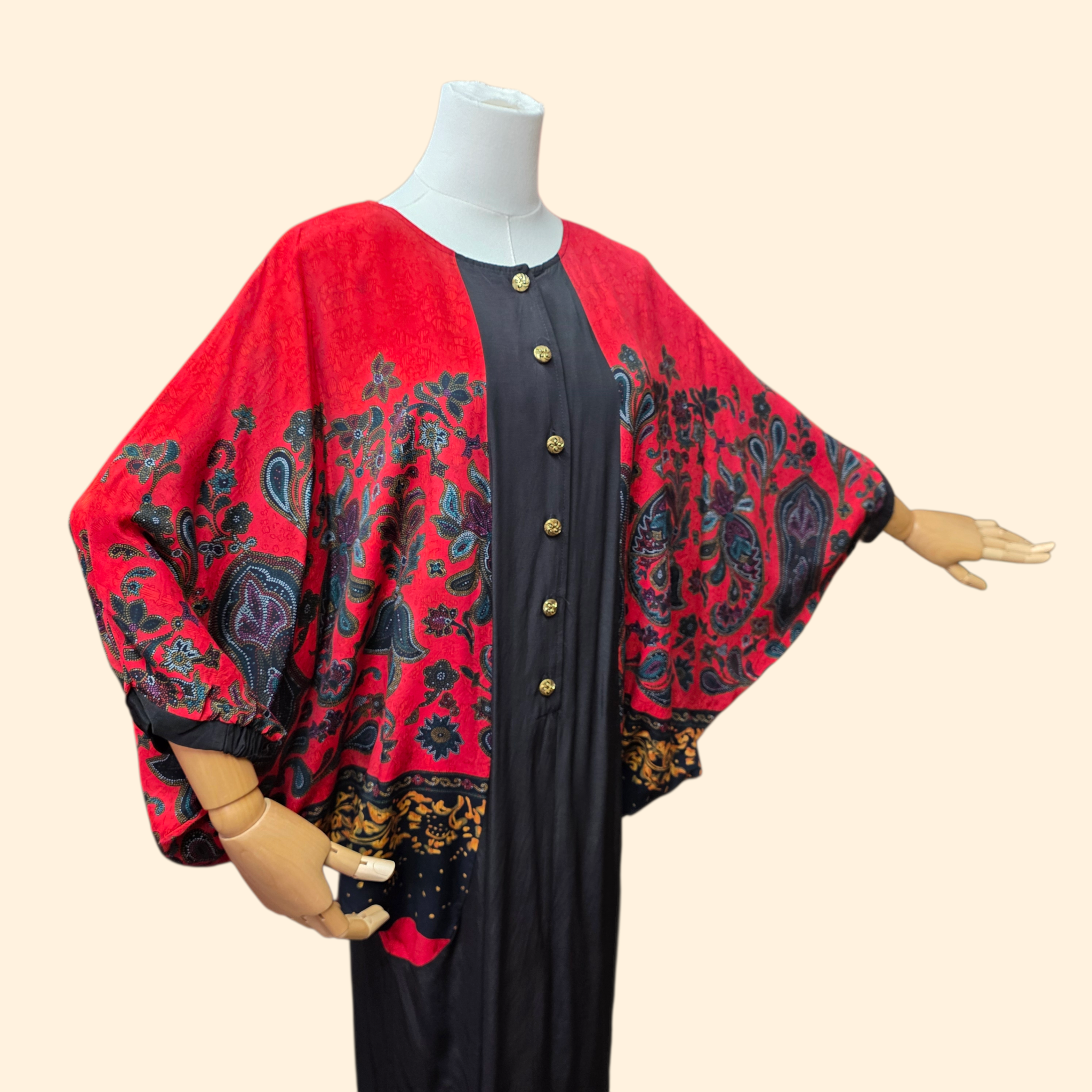 1990s Paisley Print Batwing Avant Garde Dress ~ Medium ~ Red Black