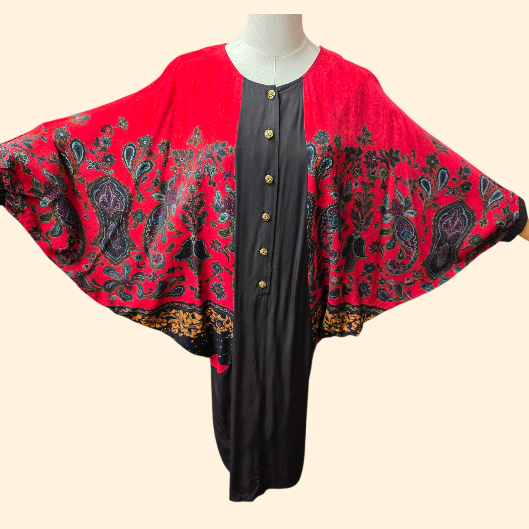 1990s Paisley Print Batwing Avant Garde Dress ~ Medium ~ Red Black