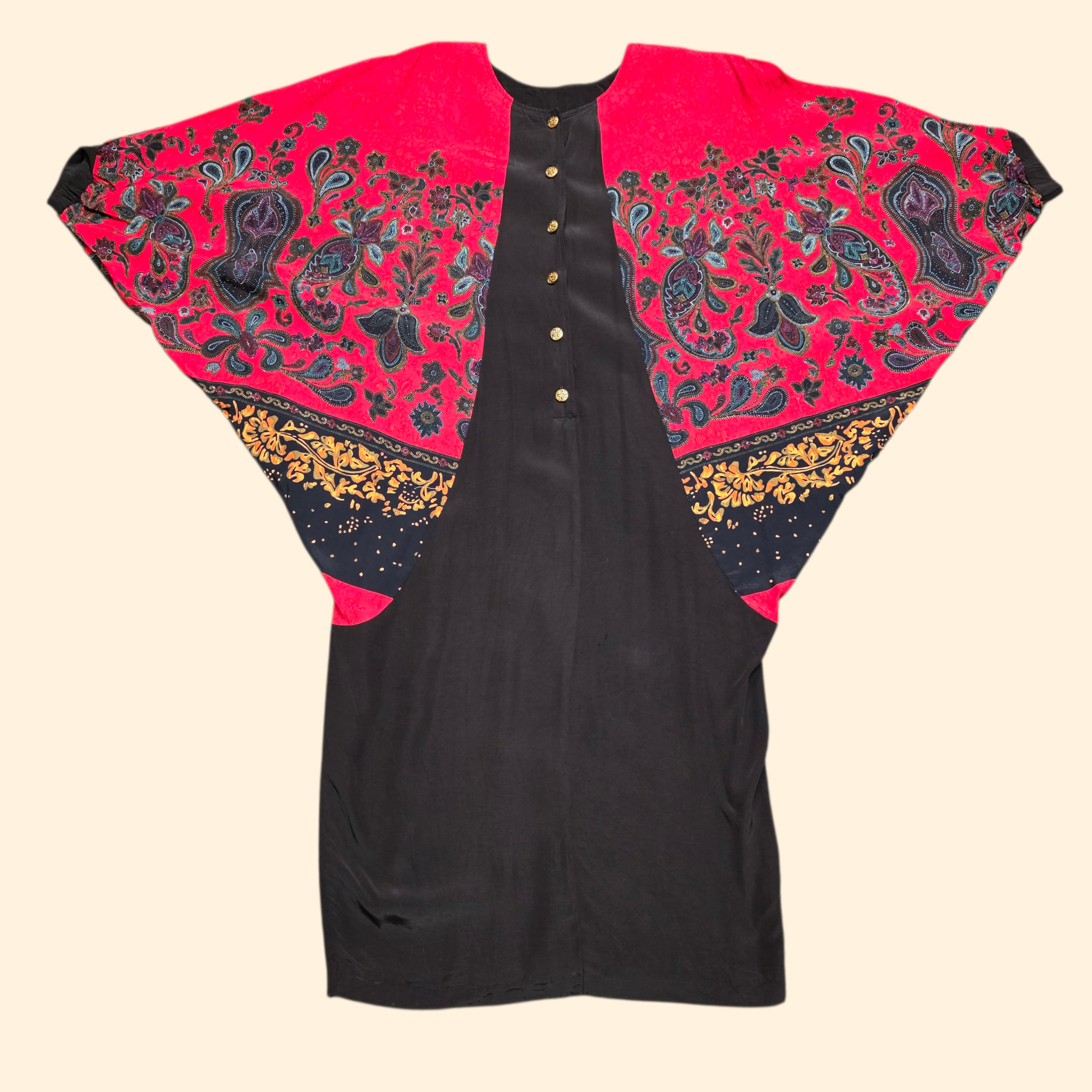1990s Paisley Print Batwing Avant Garde Dress ~ Medium ~ Red Black
