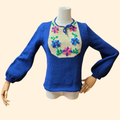 1970s Blue Floral Embroidered Pullover Sweater ~ Small ~ Peasant Balloon Sleeves