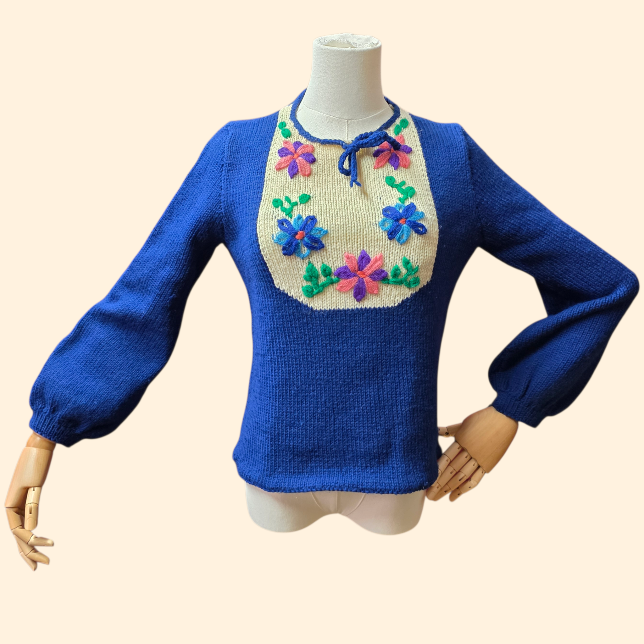 1970s Blue Floral Embroidered Pullover Sweater ~ Small ~ Peasant Balloon Sleeves