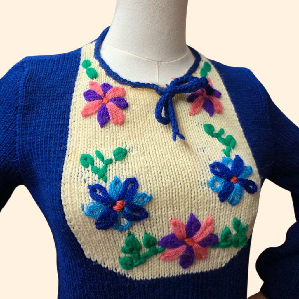 1970s Blue Floral Embroidered Pullover Sweater ~ Small ~ Peasant Balloon Sleeves