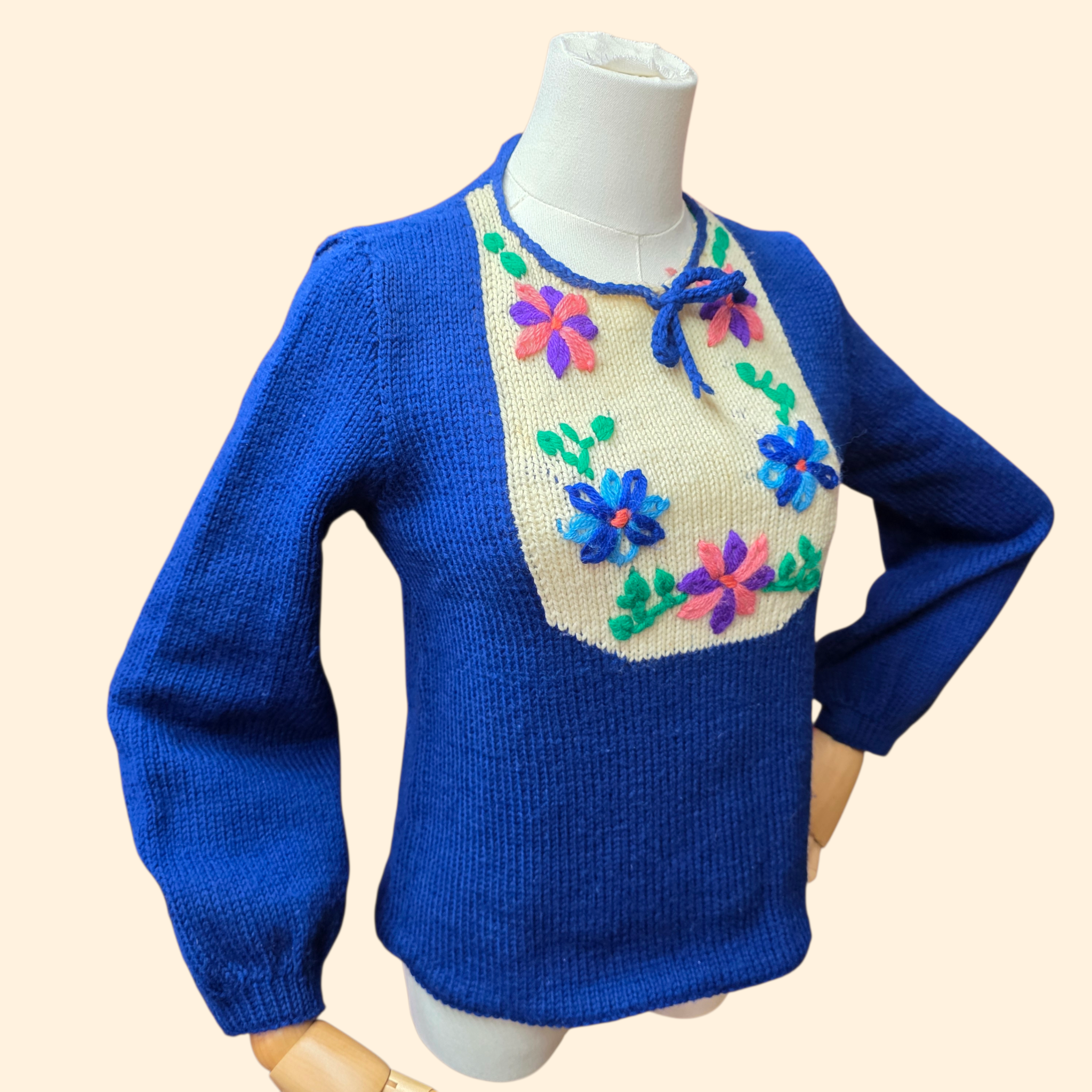 1970s Blue Floral Embroidered Pullover Sweater ~ Small ~ Peasant Balloon Sleeves