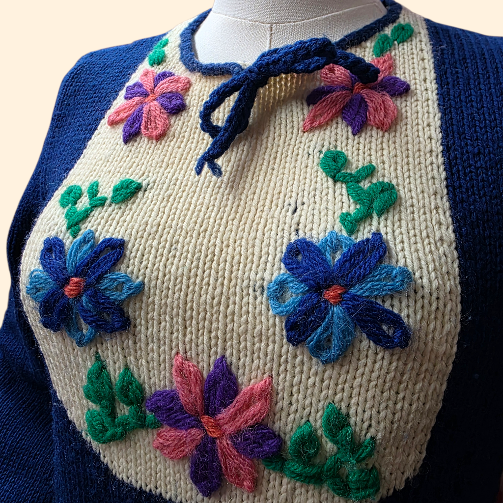 1970s Blue Floral Embroidered Pullover Sweater ~ Small ~ Peasant Balloon Sleeves