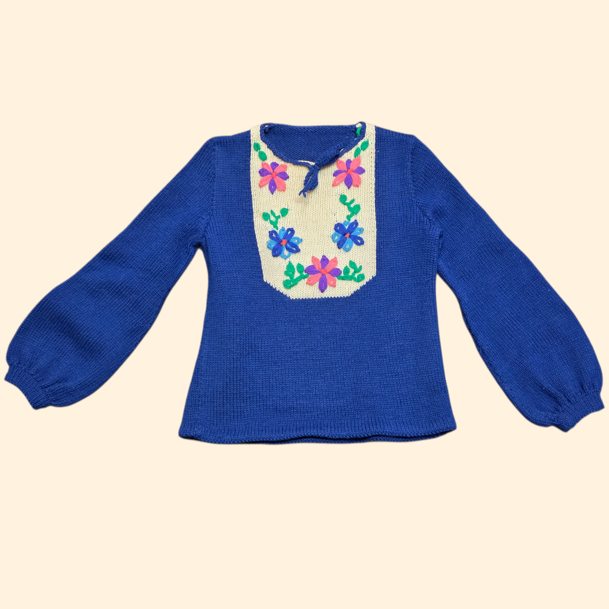 1970s Blue Floral Embroidered Pullover Sweater ~ Small ~ Peasant Balloon Sleeves