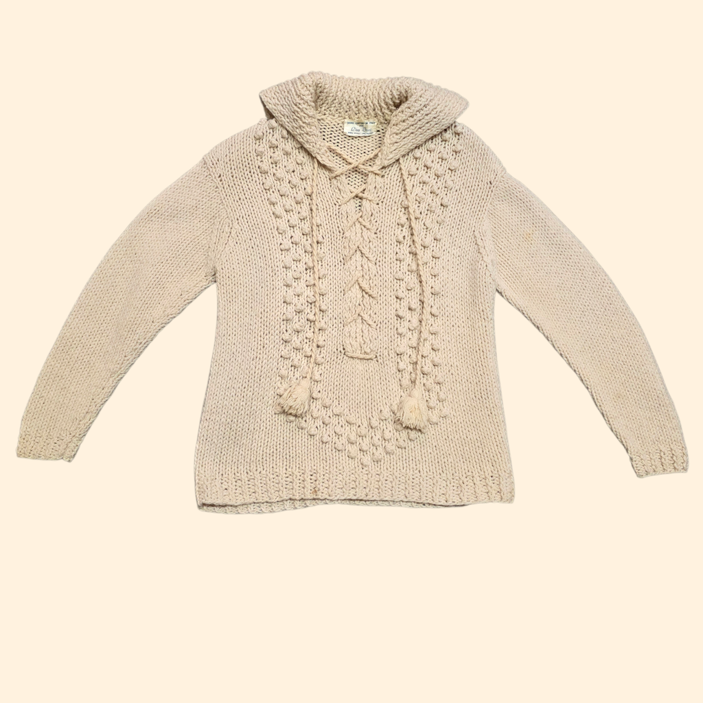1970s Hand Knit Ivory Wool Sweater ~ Large ~ Pullover Lace-up Popcorn Knit