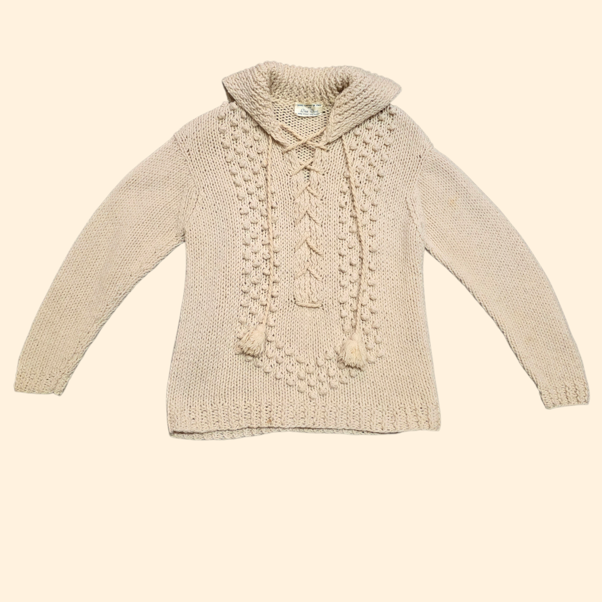 1970s Hand Knit Ivory Wool Sweater ~ Large ~ Pullover Lace-up Popcorn Knit