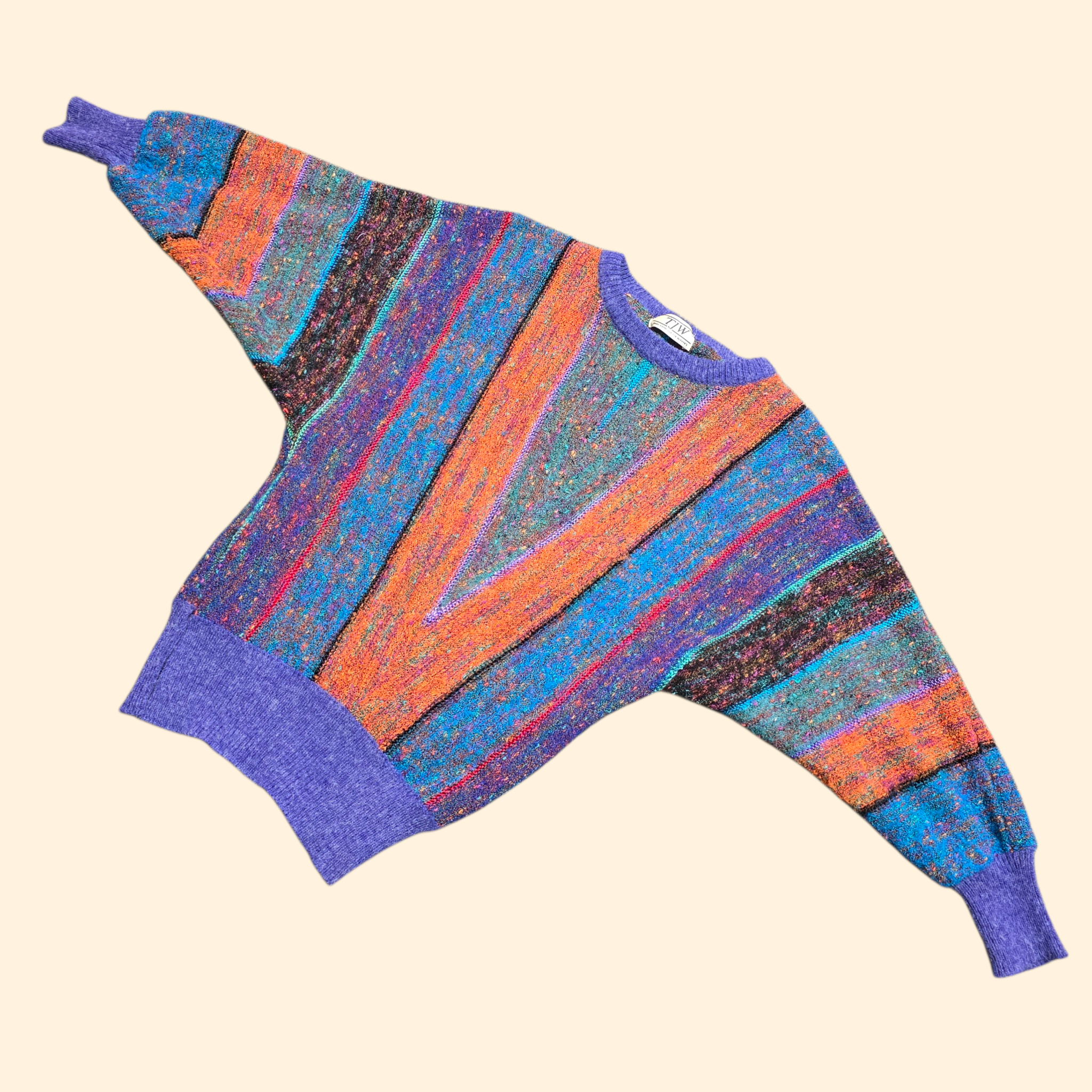 1980s Multicolor Chevron Striped Batwing Sweater ~ Large ~ Boucle Knit