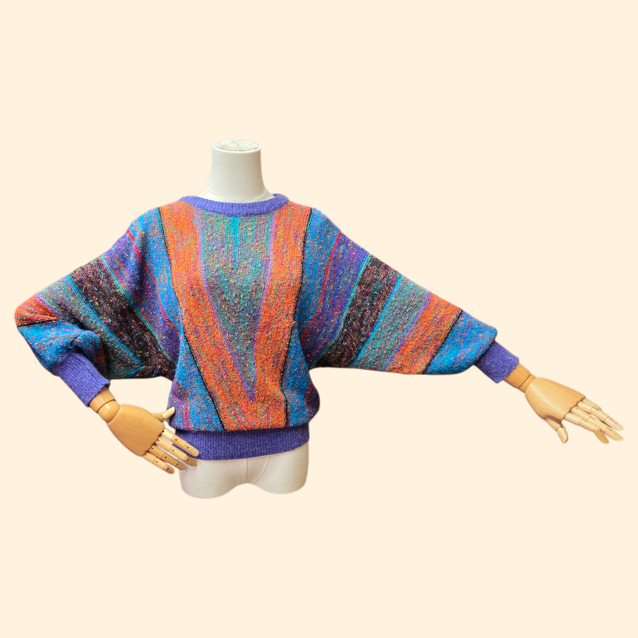 1980s Multicolor Chevron Striped Batwing Sweater ~ Large ~ Boucle Knit