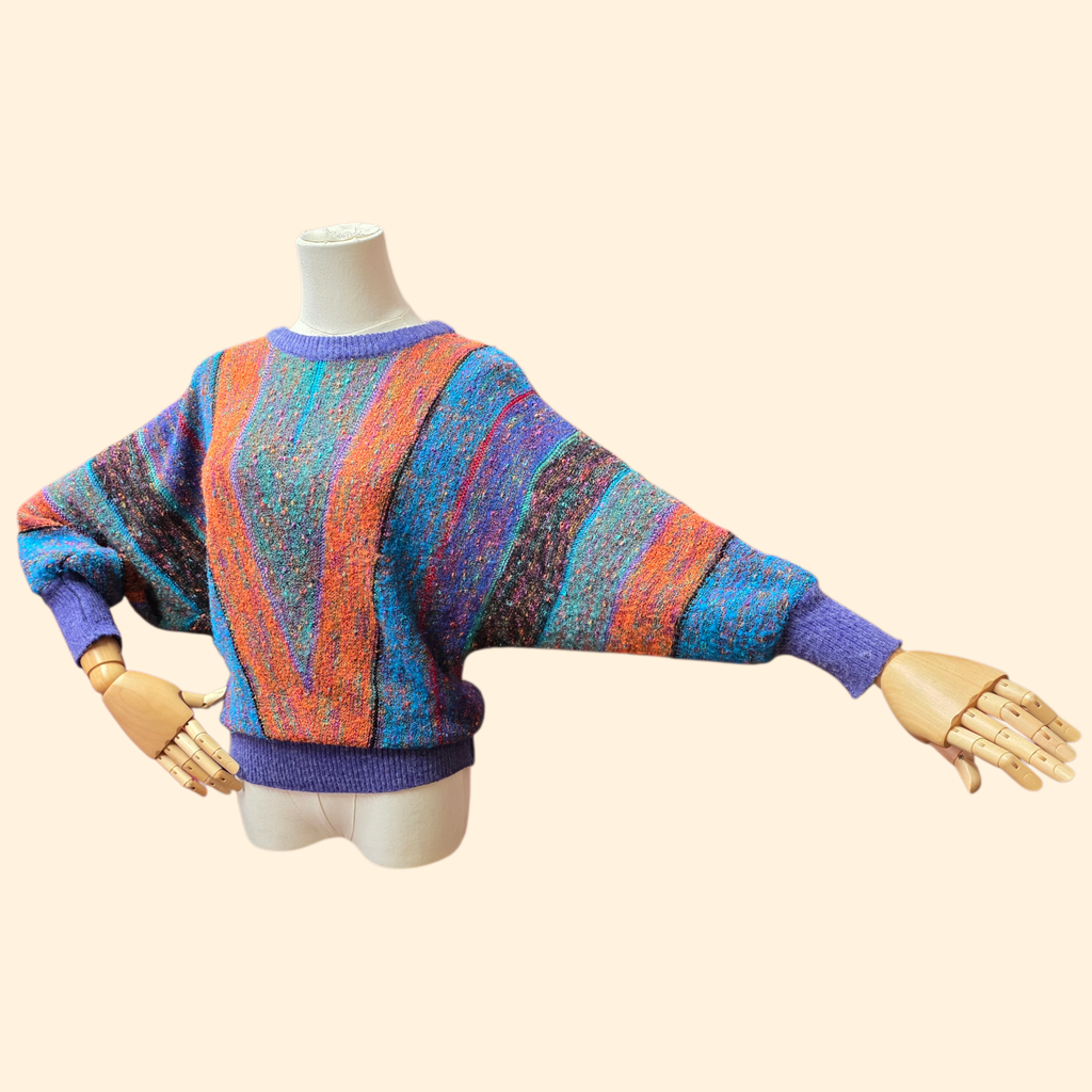 1980s Multicolor Chevron Striped Batwing Sweater ~ Large ~ Boucle Knit