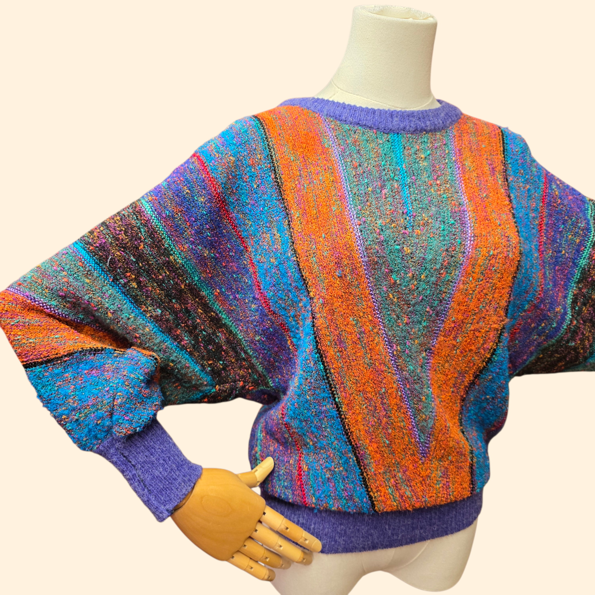 1980s Multicolor Chevron Striped Batwing Sweater ~ Large ~ Boucle Knit