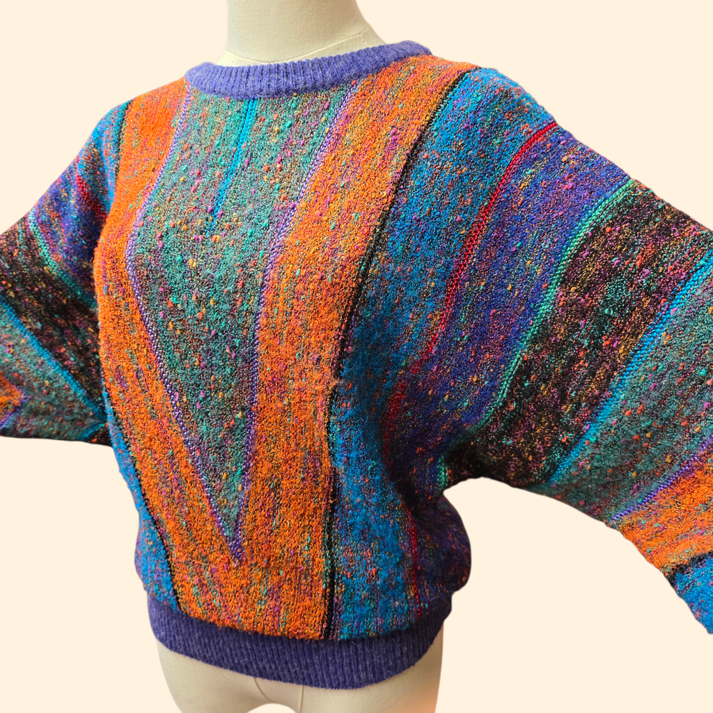 1980s Multicolor Chevron Striped Batwing Sweater ~ Large ~ Boucle Knit