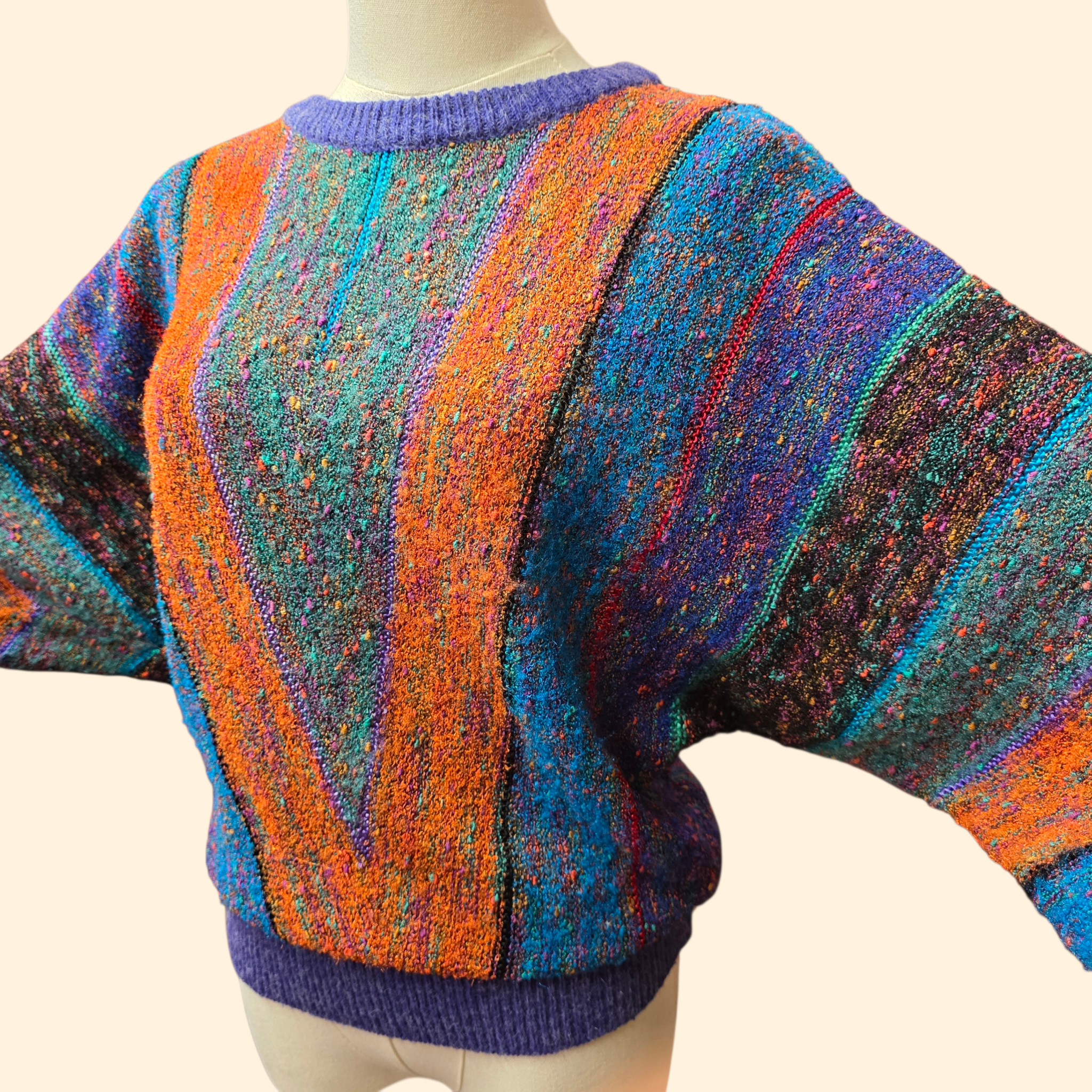 1980s Multicolor Chevron Striped Batwing Sweater ~ Large ~ Boucle Knit