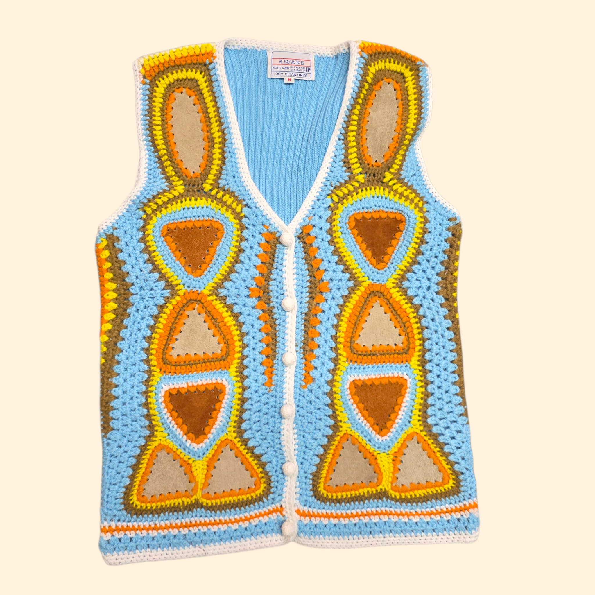 1970s Acrylic Knit Sweater Vest with Suede Pachwork ~ Medium ~ Baby Blue Yellow Orange