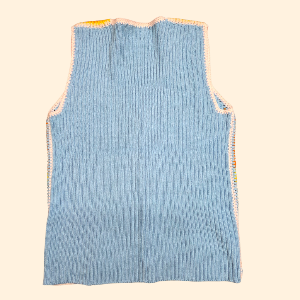 1970s Acrylic Knit Sweater Vest with Suede Pachwork ~ Medium ~ Baby Blue Yellow Orange