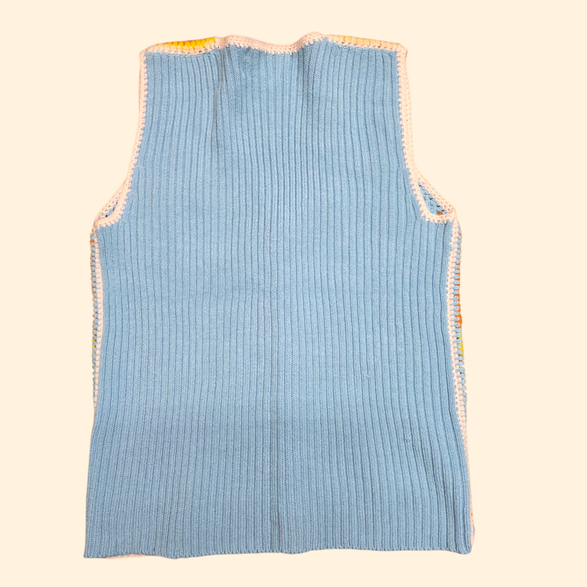 1970s Acrylic Knit Sweater Vest with Suede Pachwork ~ Medium ~ Baby Blue Yellow Orange