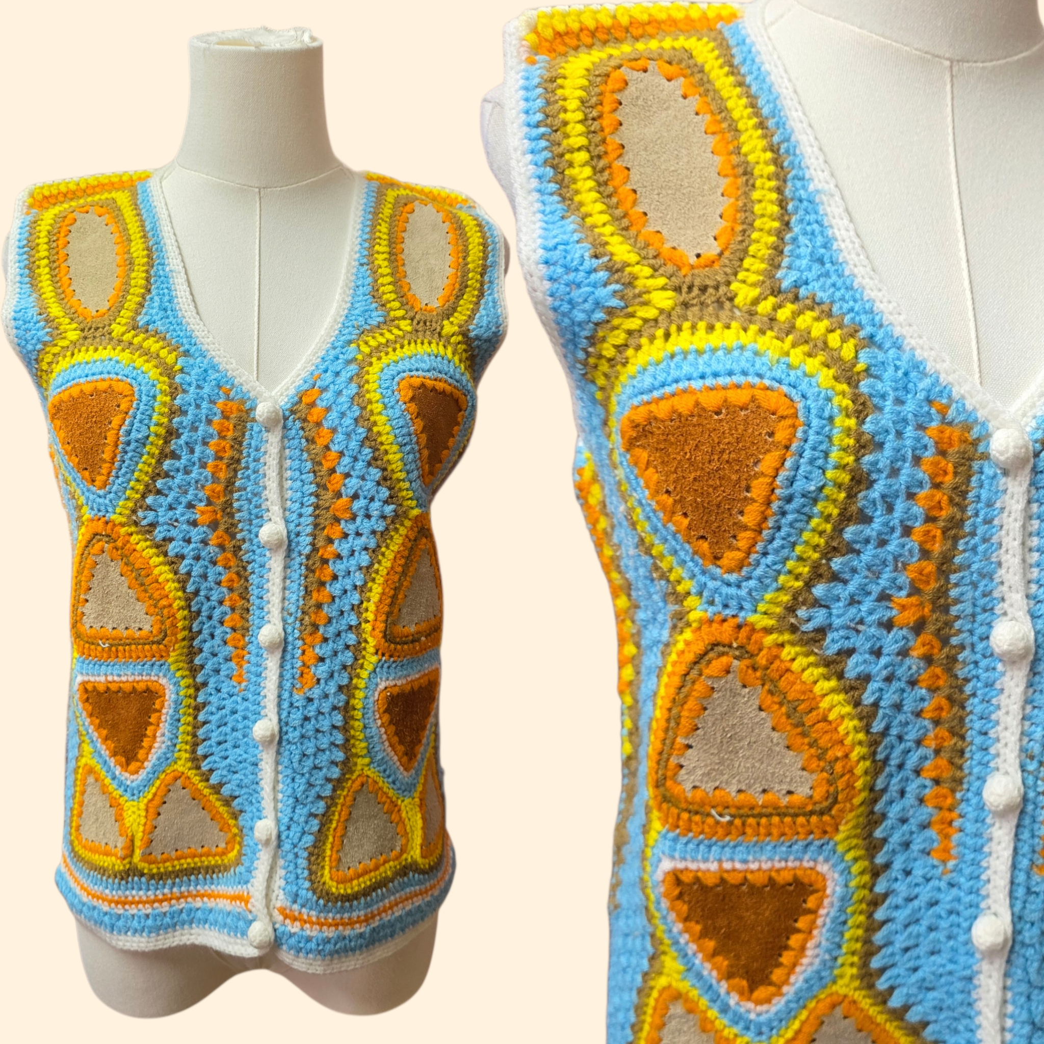 1970s Acrylic Knit Sweater Vest with Suede Pachwork ~ Medium ~ Baby Blue Yellow Orange