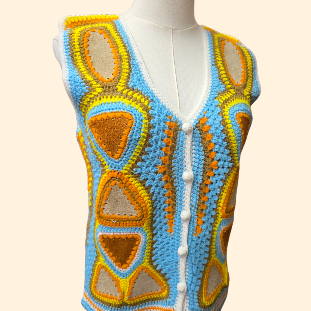 1970s Acrylic Knit Sweater Vest with Suede Pachwork ~ Medium ~ Baby Blue Yellow Orange