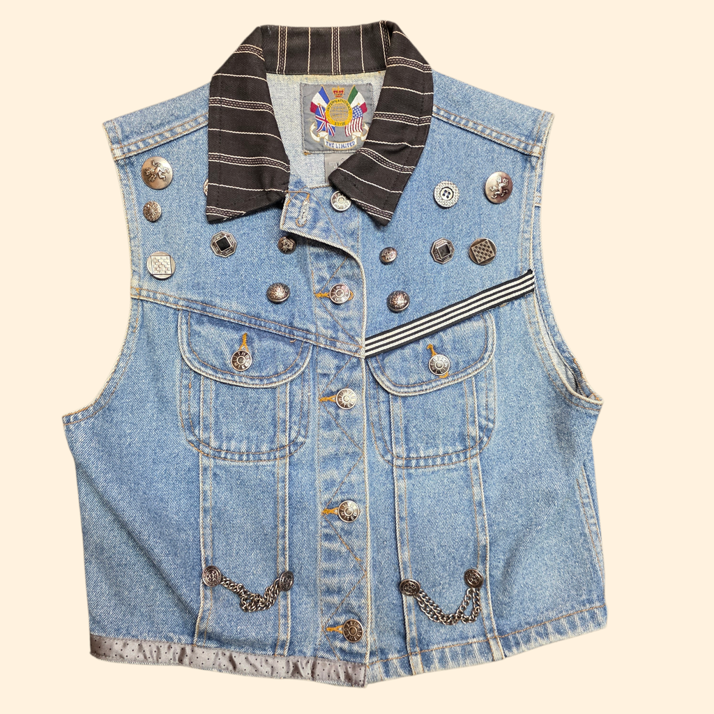 1990s Limited Denim Vest with Silvertone Buttons and Chains ~ Small