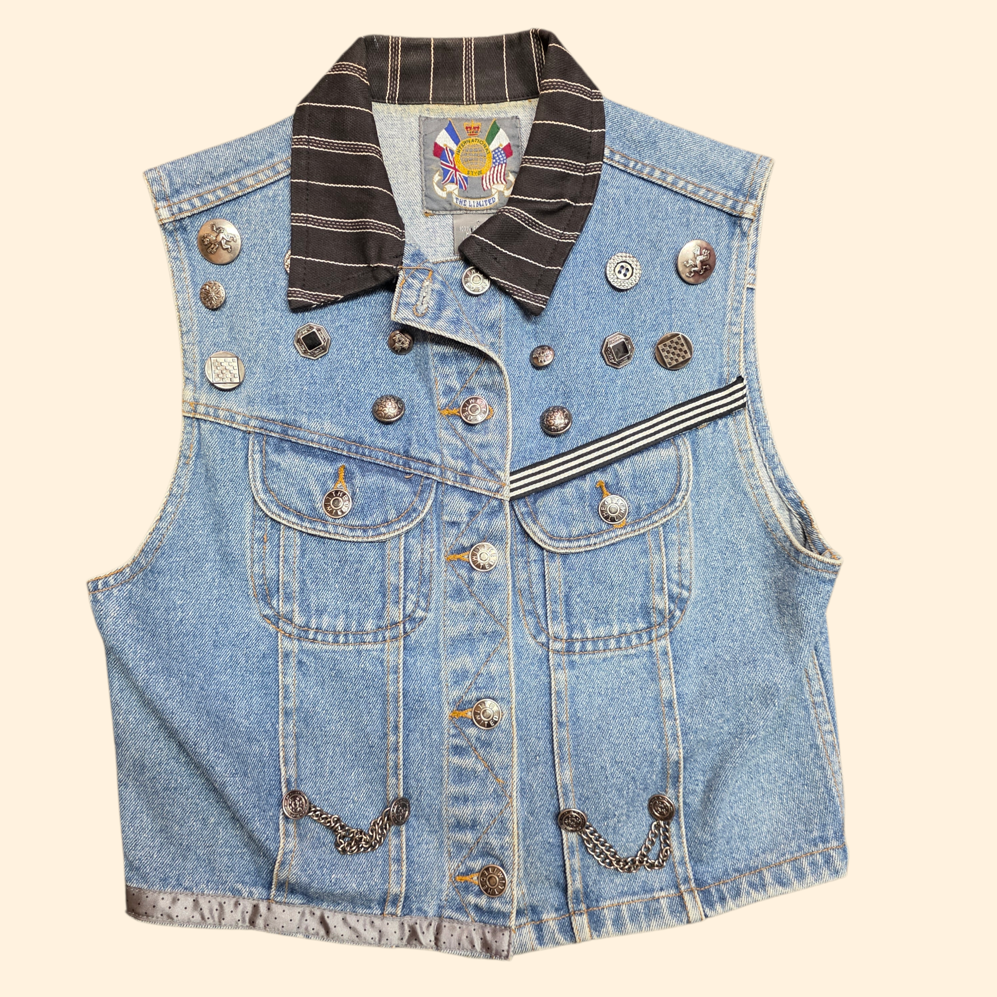 1990s Limited Denim Vest with Silvertone Buttons and Chains ~ Small