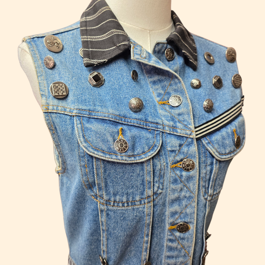 1990s Limited Denim Vest with Silvertone Buttons and Chains ~ Small