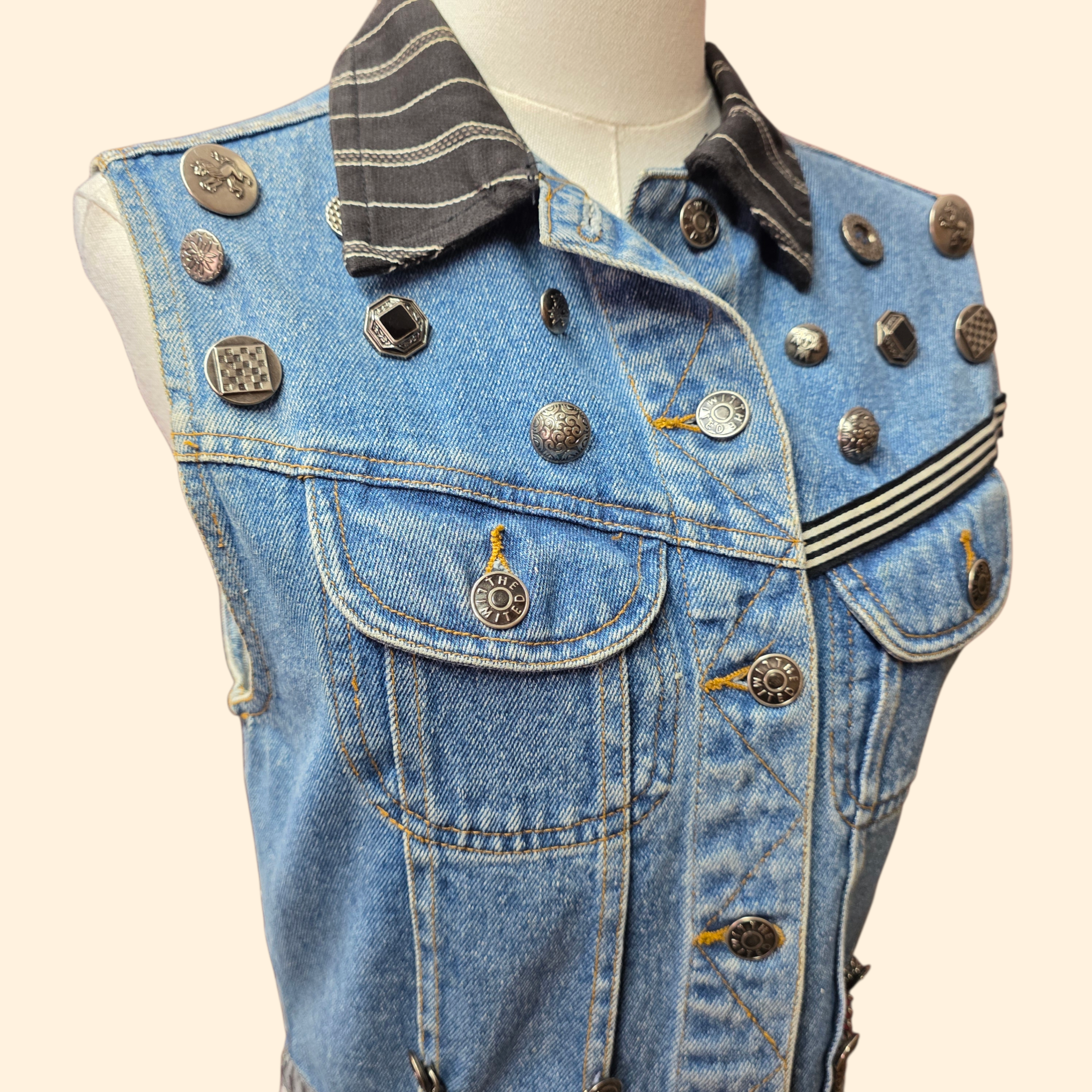 1990s Limited Denim Vest with Silvertone Buttons and Chains ~ Small