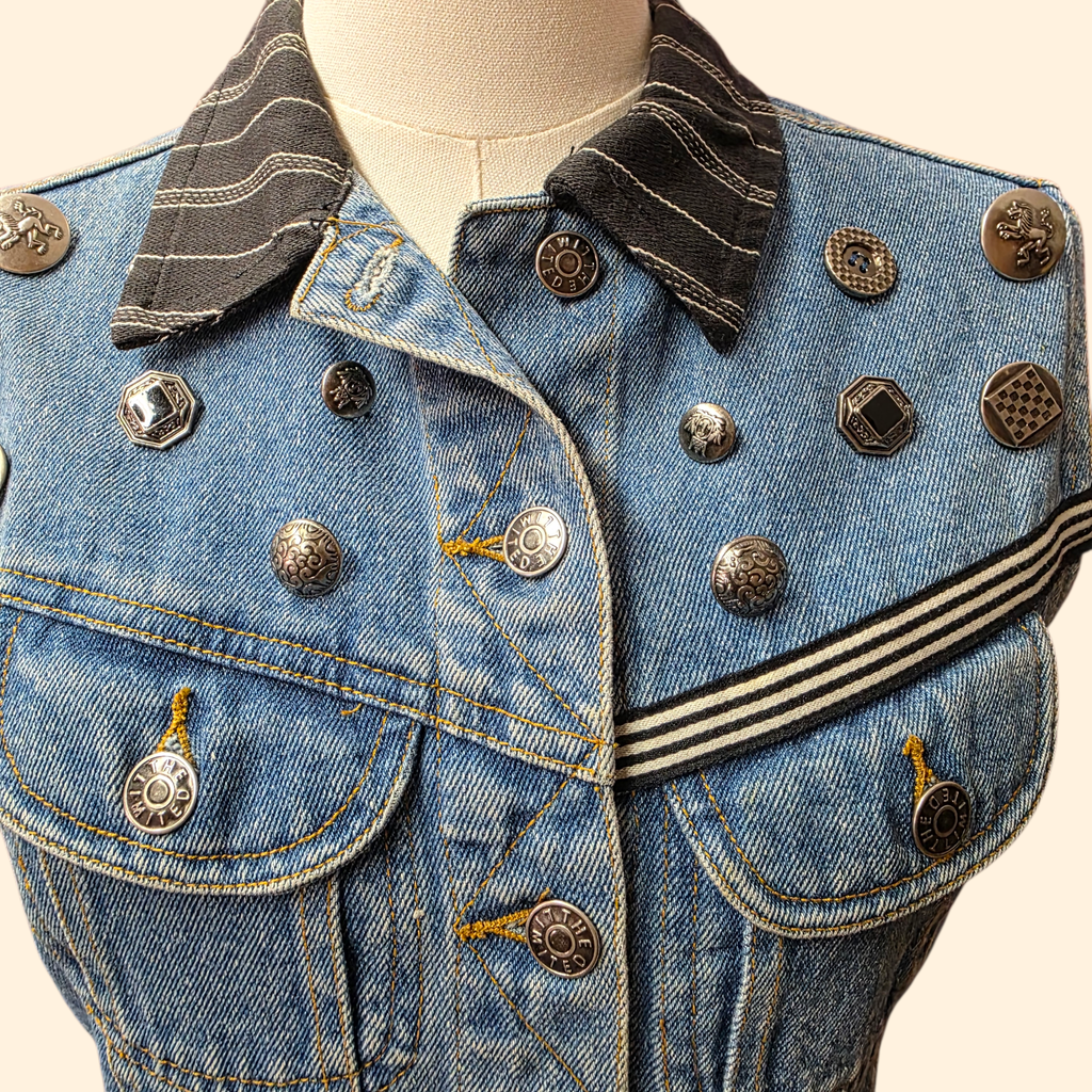 1990s Limited Denim Vest with Silvertone Buttons and Chains ~ Small