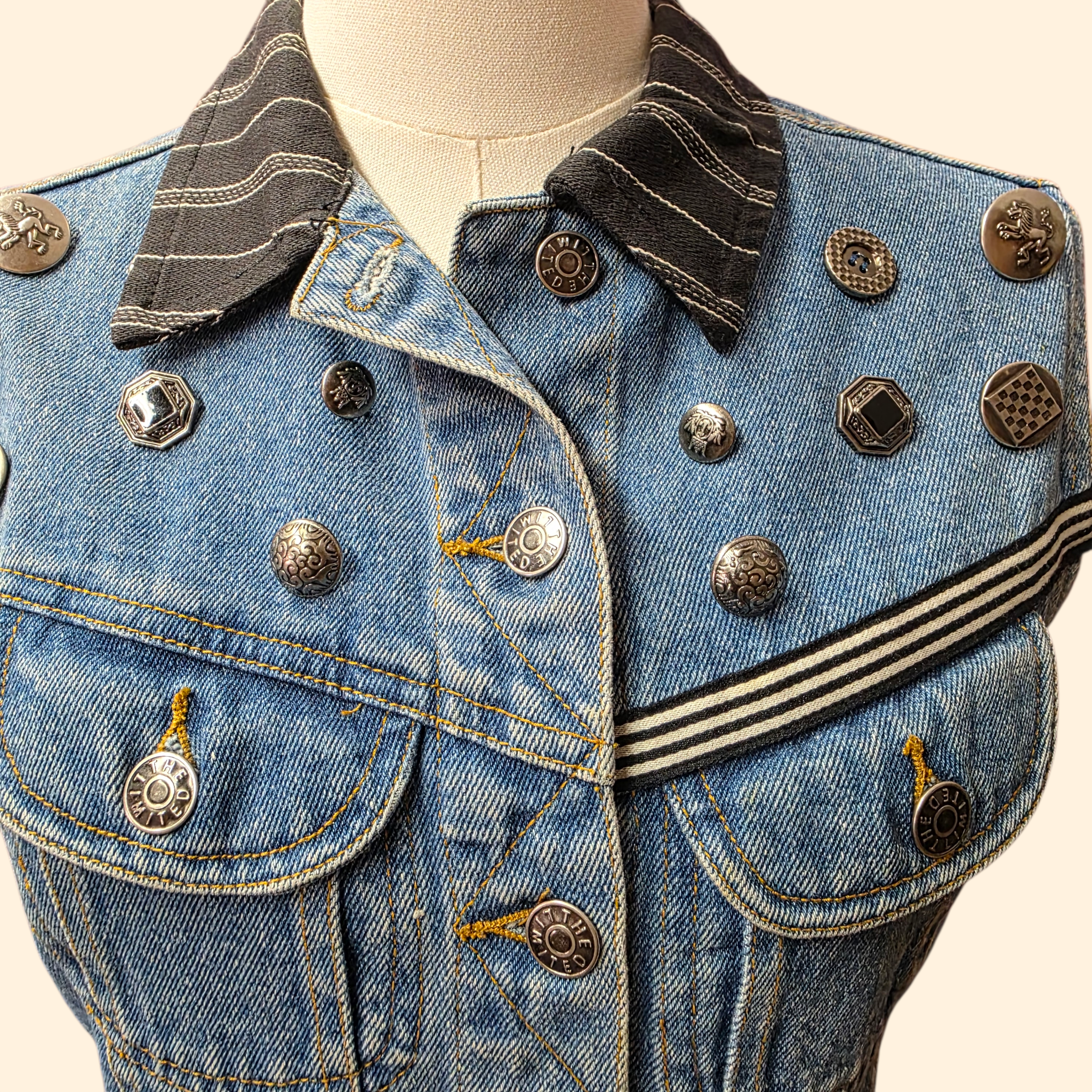 1990s Limited Denim Vest with Silvertone Buttons and Chains ~ Small