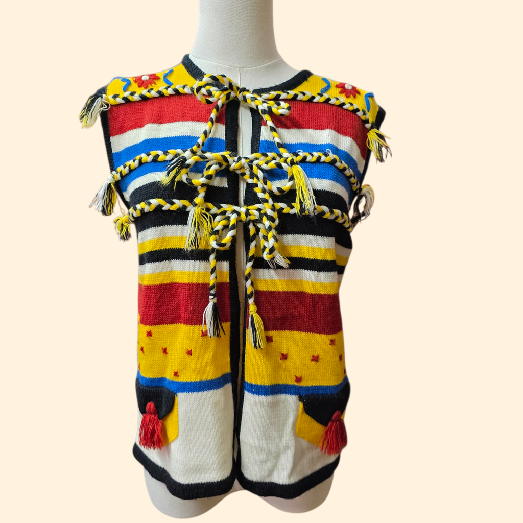 1970s Boho Tie Front Striped Sweater Vest ~ Medium Acrylic