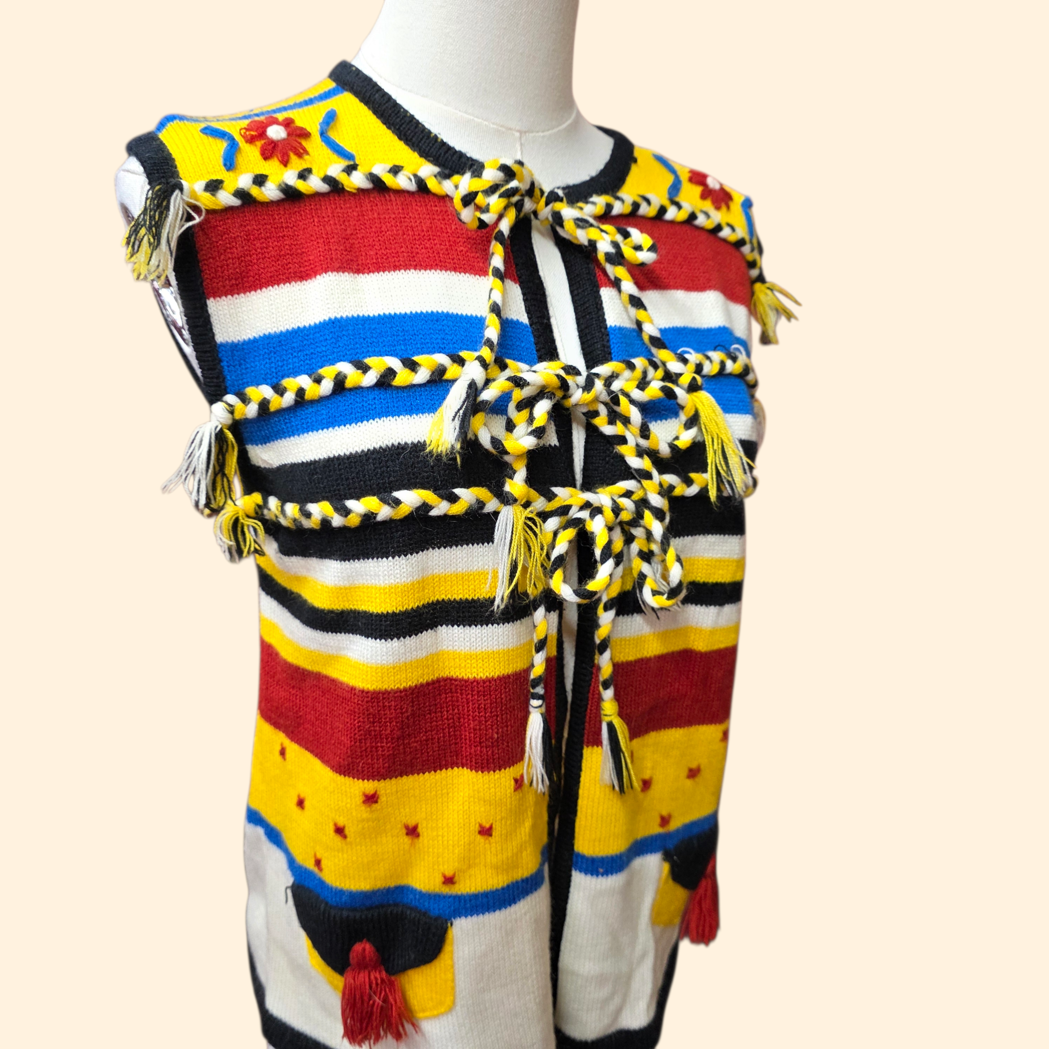 1970s Boho Tie Front Striped Sweater Vest ~ Medium Acrylic
