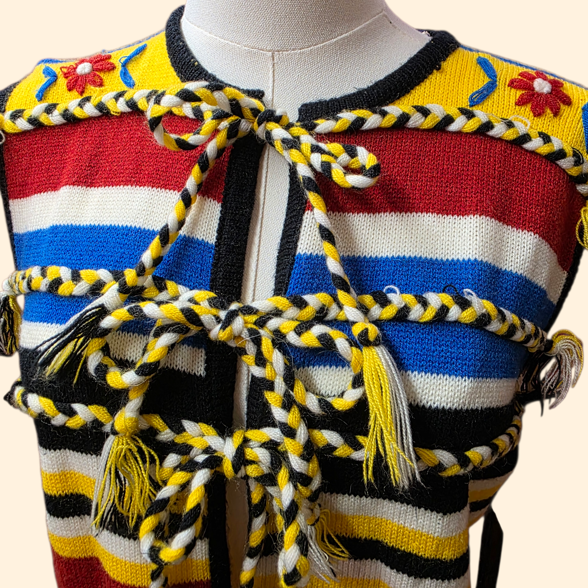 1970s Boho Tie Front Striped Sweater Vest ~ Medium Acrylic