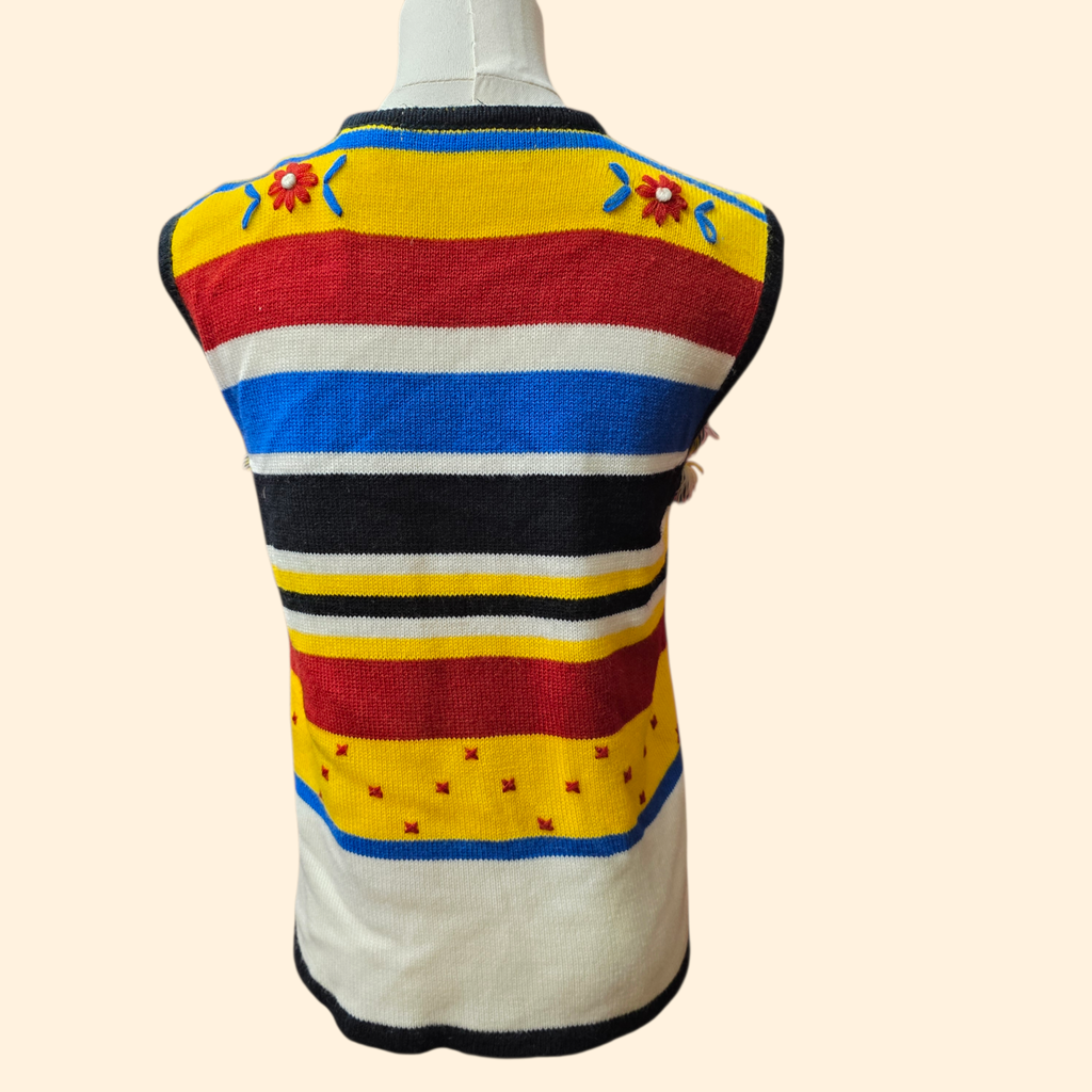 1970s Boho Tie Front Striped Sweater Vest ~ Medium Acrylic