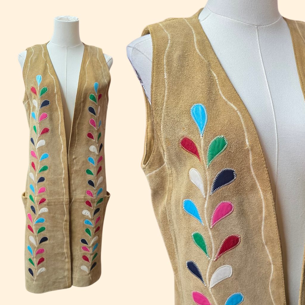 1960s Boho Suede and Leather Patchwork Duster Vest ~ Large
