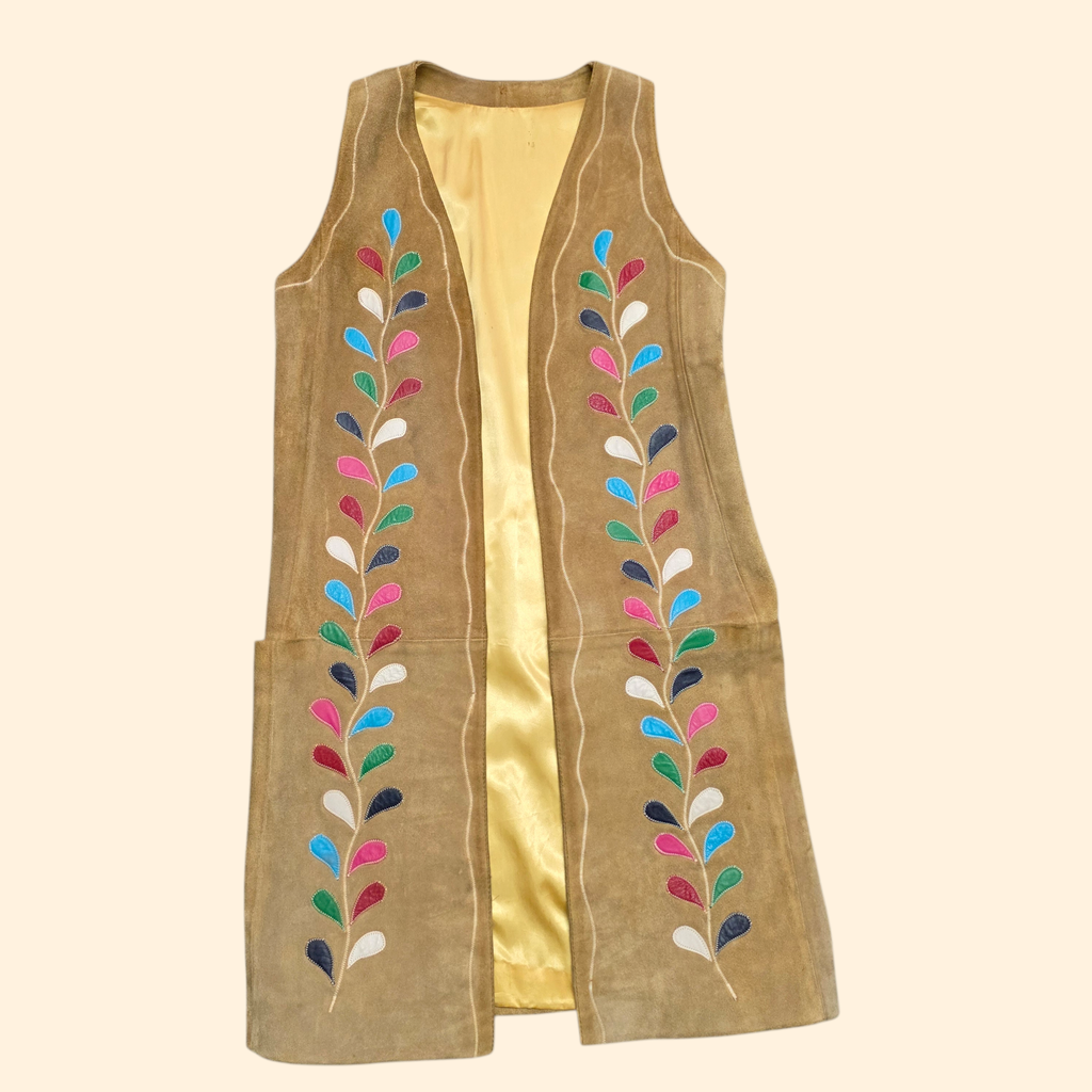 1960s Boho Suede and Leather Patchwork Duster Vest ~ Large