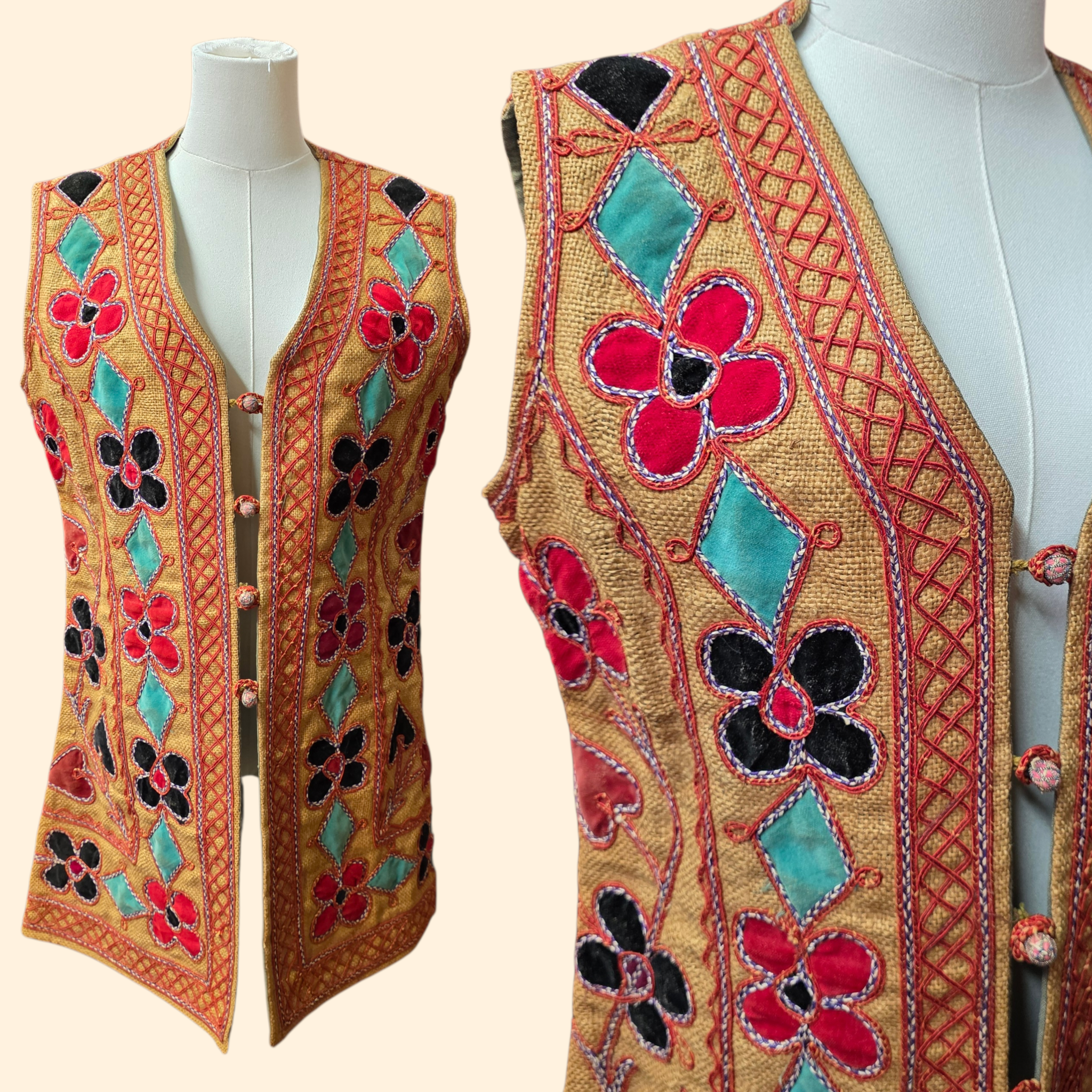 1960s Embrodered Applique Afghan Waistcoat ~ Medium ~ Jute Boho Vest